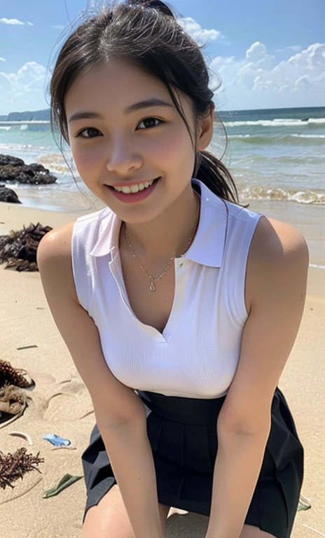 (a gorgeous asian lady, age 20s, wearing a wet oversized white high-neck polo-shirt, pleated skirt, squatting at a polluted beach, she is a volunteer removing trash pit garbage rubbish pollution plastic, Beach Cleanup, Ocean Cleanup, (beach by the sea:1.2),

Hopeful expression, kind smile, dimpled cheeks, short ponytail, short bob hair, cute snaggleteeth, ample round bosom, perfect body anatomy, photorealistic, beautiful detailed eyes, 

hyper-realism, high contrast, ultra HD, realistic skin textures, top image quality, top-quality, super high resolution, fine details, serene ambience, very meticulously, high angle shot, medium shot, cowboy shot, sun rays, lens flare, SFW, safe for work)