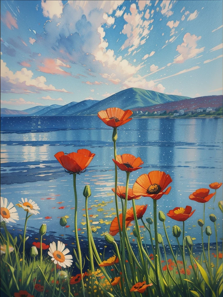 Portrait, a painting of red and yellow flowers in front of a body of water, a pointillism painting, poppies, detailed watercolor painting, daisies and poppies, watercolors on canvas, romanticism landscape painting, by Anne Dunn, floral splash painting, painting on silk, highly detailed water colour 8k, highly detailed water colour 8 k, watercolor landscape, a watercolor painting, white or blur background 