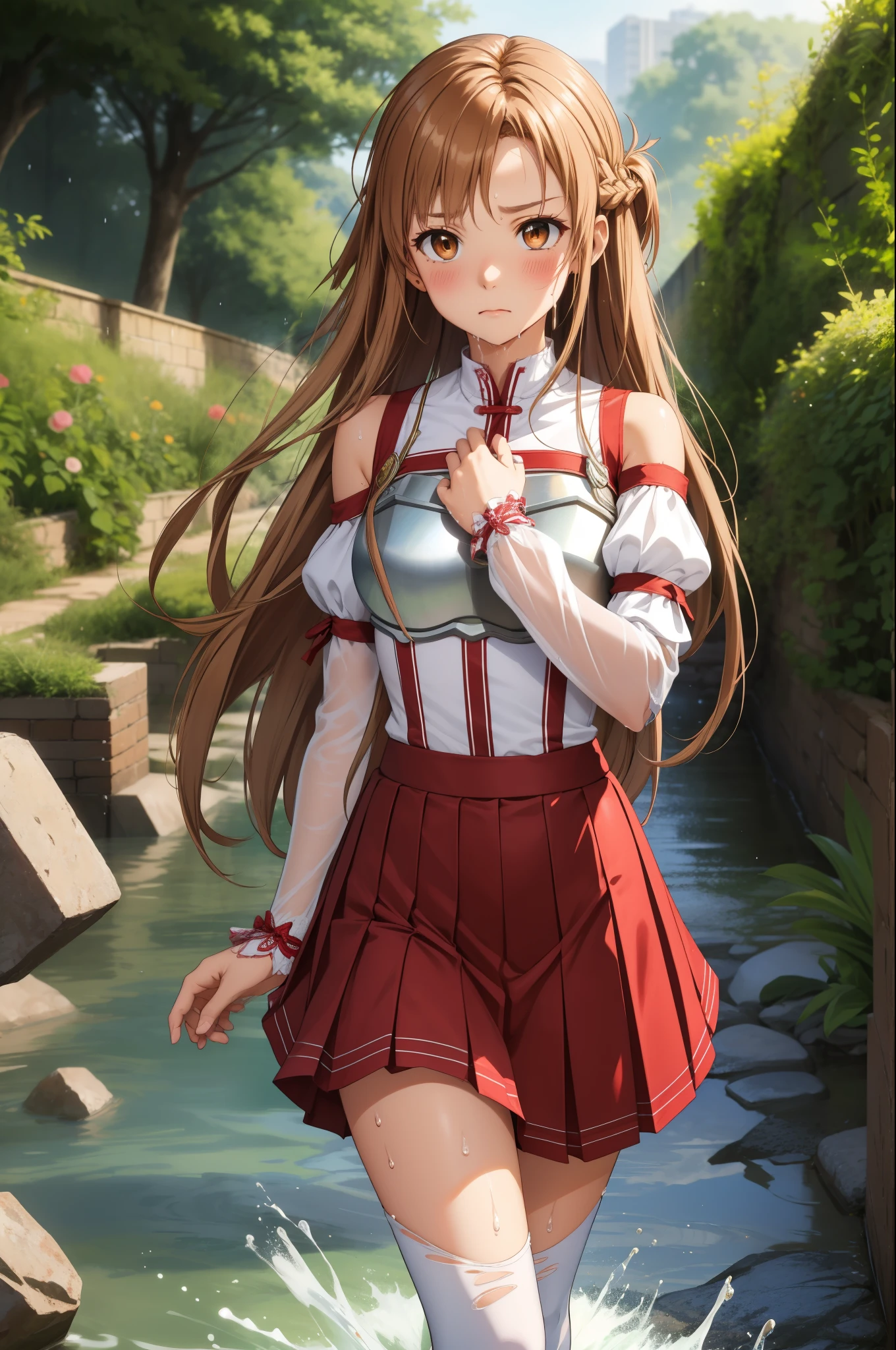 masterpiece, Highest quality, High resolution, Absurd, Super detailed, cute eyes, cute_hand,
Ahh sun, Long Hair, Brown Hair, Braiding, Brown eyes, Exposing shoulders, armor, plate, White sleeves, Removable sleeves, Red Skirt, Pleated skirt, White knee socks, sad, It was a shame, blush, Wet_cloth, Torn_Clothing Break Walking, very_dark, 下water道_tunnel, dirty, stone_wall, Dripping_water, water
