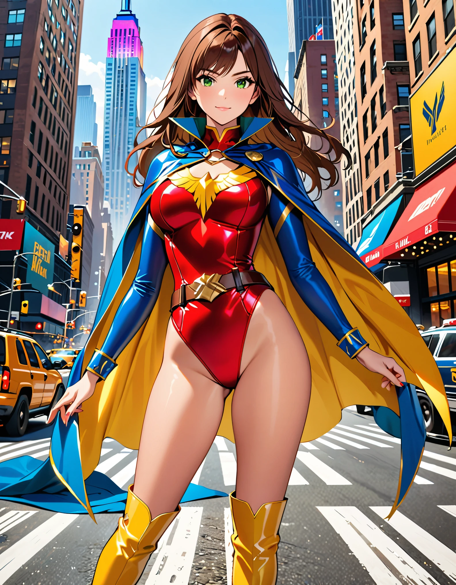 (masterpiece), (best quality), (high res), 1lady, tall body, highly detailed, professional, beautiful detailed eyes, beautiful detailed face, perfect hands, complete fingers, perfect anatomy, perfect proportions, ((brown hair, medium hair, hair down)), ((green eyes)), ((leotard, (red leotard), matching leotard)), (bare legs), (boots, matching boots, knee-high boots, yellow boots), breasts, medium breasts, (full body portrait), looking at viewer, solo, solo focus, standing, one hand on hip, cowboy shot, new york backdrop, ((belt, tight belt)), (blue sleeves, yellow cuffs), ((yellow hawk /(symbol/)) on chest), ((medium cape, (blue cape))), full body costume design.