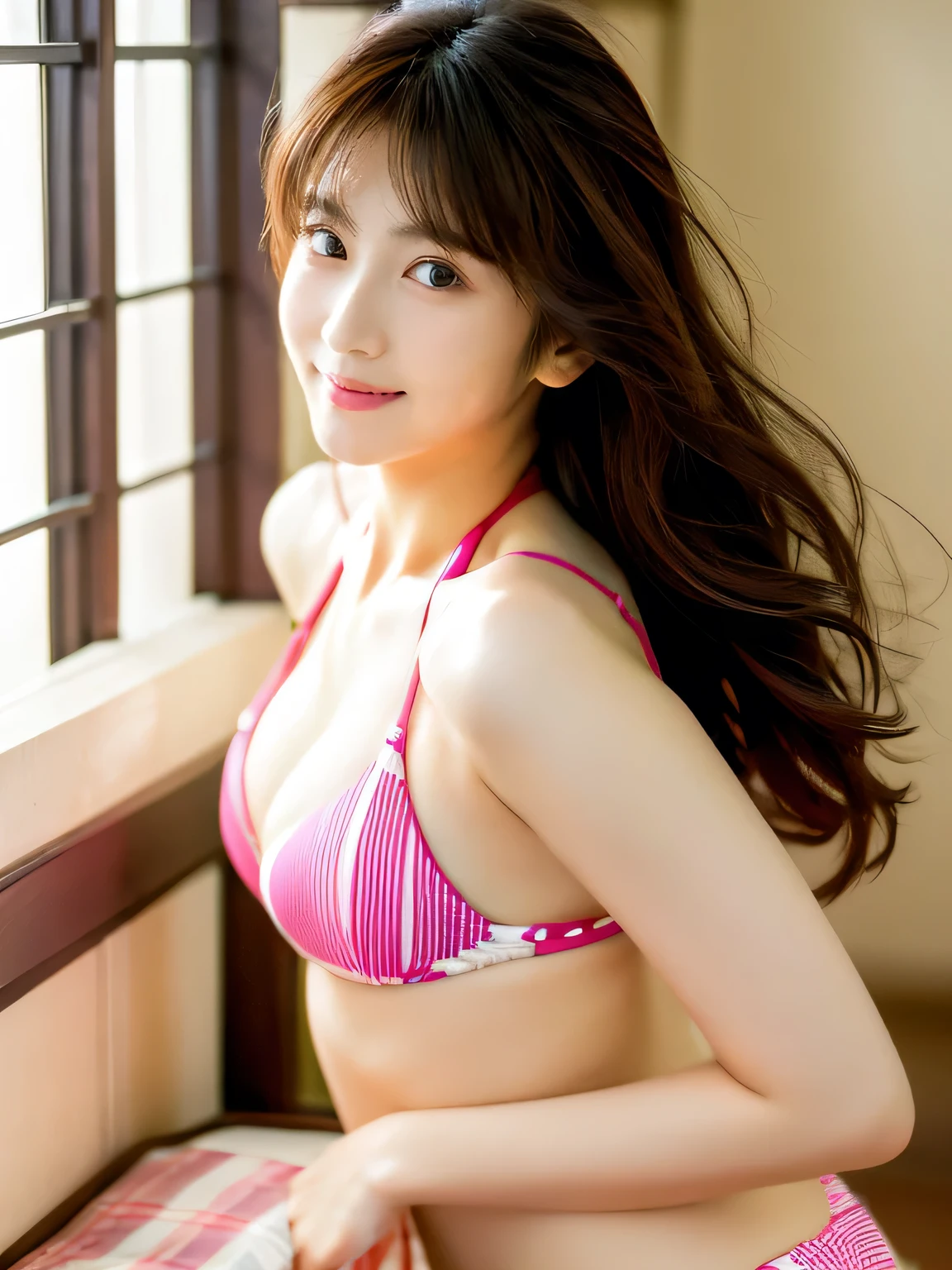 [The highest masterpiece] table top, highest quality, shape, Highly detailed and finely crafted, High resolution 8K wallpaper, Japanese style,
Dynamic and beautiful form, Sharp features, Full body image of a 25 year old girl wearing bikini swim clothes, oozing sex appeal,
Wavy hair flows softly around the face, cute expression, Natural color lip, bold, Sexy pose with a seductive smile,
Harajuku fashion aesthetics, exuding confidence and charm, [masterpiece],