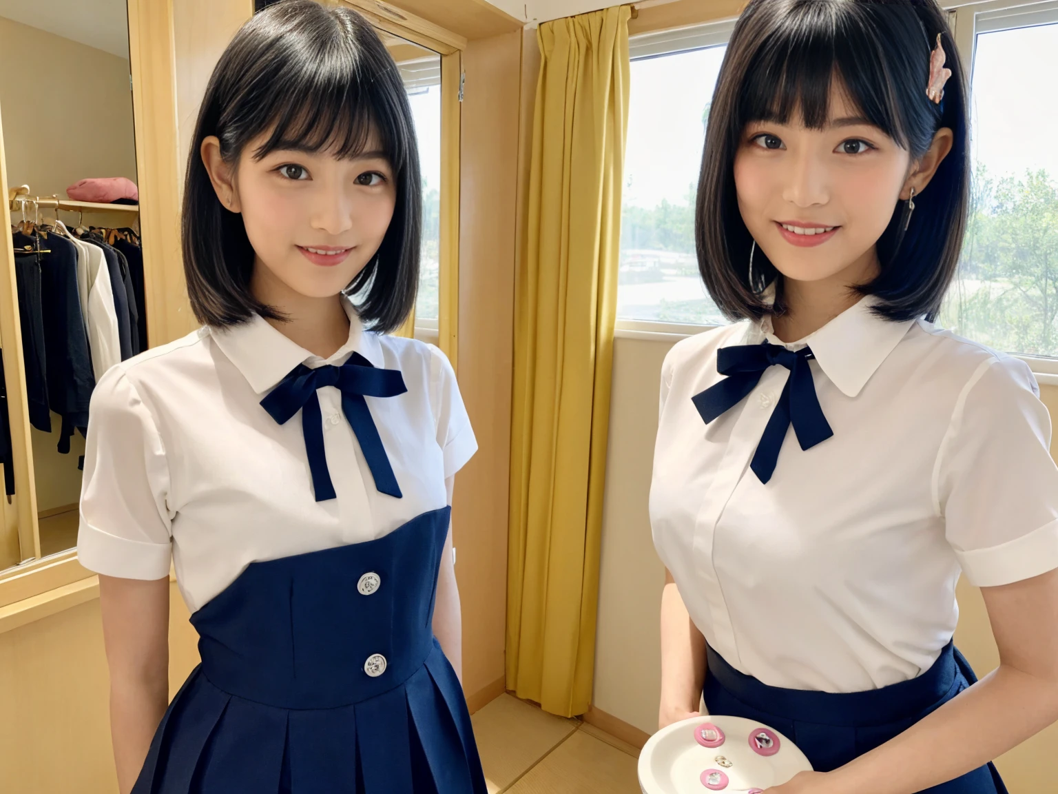 masterpiece, Highest quality, figure, Very detailed, The finer details, High resolution, 8k,wallpaper, Perfect dynamic composition,(Detailed high quality, Realistic depiction of eyes:1.3), (One girl),(A tight-fitting waitress uniform with buttons on the collar and chest), Seraphim, Short Bob Hair, The background is an empty changing room, Deep in the field, Black hair color, Big Natural Color Lip, (Perfect figure), (smile)、Harajuku Style、Elementary school girl in Japan:1.3), Adorable expression、Expressions of happiness、10 years old、height: 145cm、Baby Face、Amazingly cute、Cute type、Beautiful feet, Idol Sculpture、(Changing clothes in the changing room:1.5)、(In the process of taking off clothes:1.5)