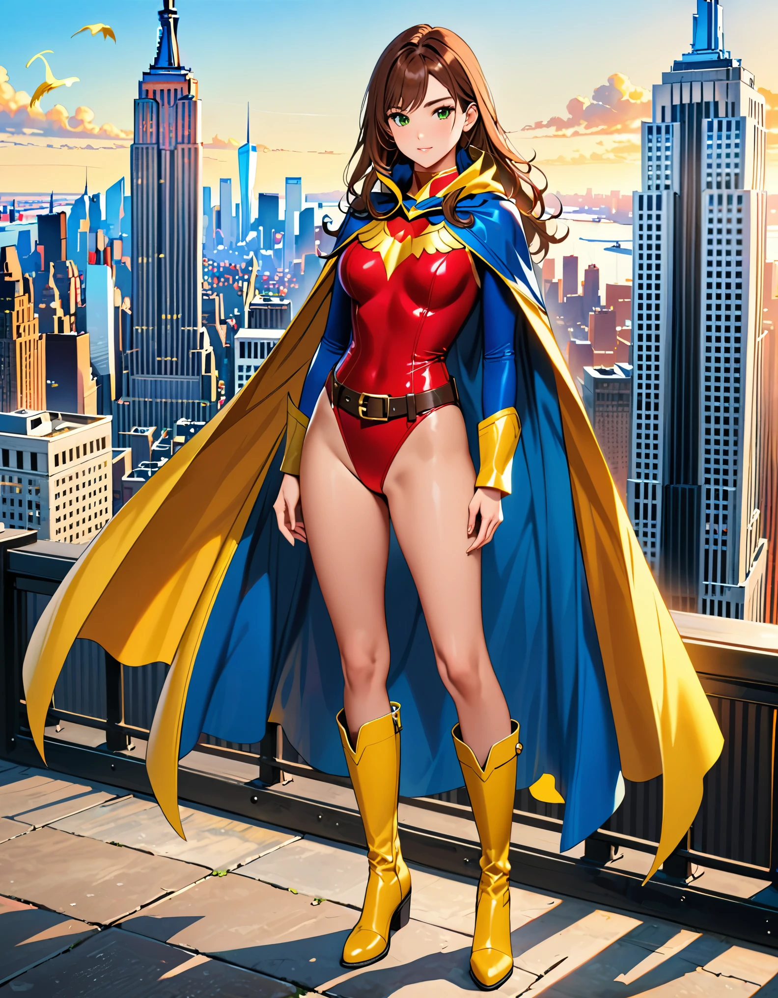 (masterpiece), (best quality), (high res), 1lady, tall body, highly detailed, professional, beautiful detailed eyes, beautiful detailed face, perfect hands, complete fingers, perfect anatomy, perfect proportions, ((brown hair, medium hair, hair down)), ((green eyes)), ((leotard, (red leotard), matching leotard)), (bare legs), (boots, matching boots, knee-high boots, yellow boots), breasts, medium breasts, (full body portrait), looking at viewer, solo, solo focus, standing, one hand on hip, cowboy shot, new york backdrop, ((belt, tight belt)), (blue sleeves, yellow cuffs), ((yellow hawk /(symbol/)) on chest), ((medium cape, (blue cape))), full body costume design.
