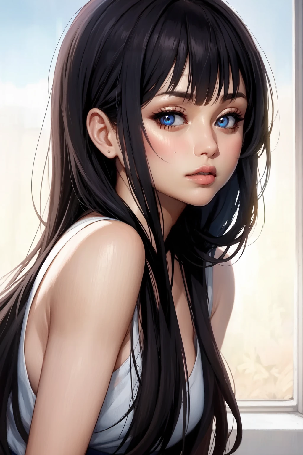 Beautiful Japanese woman, Beautiful perfect face,Soft skin, Small face,nose,Rose lips, beautiful eyes, Beautiful Smile. Black, Long, beautiful hair bathed in a bright ethereal sheen. #100: Shaggy Medium Hairstyle with Gradient Highlights and Gray Layers, Navy blue stand-up collar shirt × houndstooth flared skirt, Bright neon colored background, Surreal photo of woman, High-quality, high-resolution 8K masterpiece