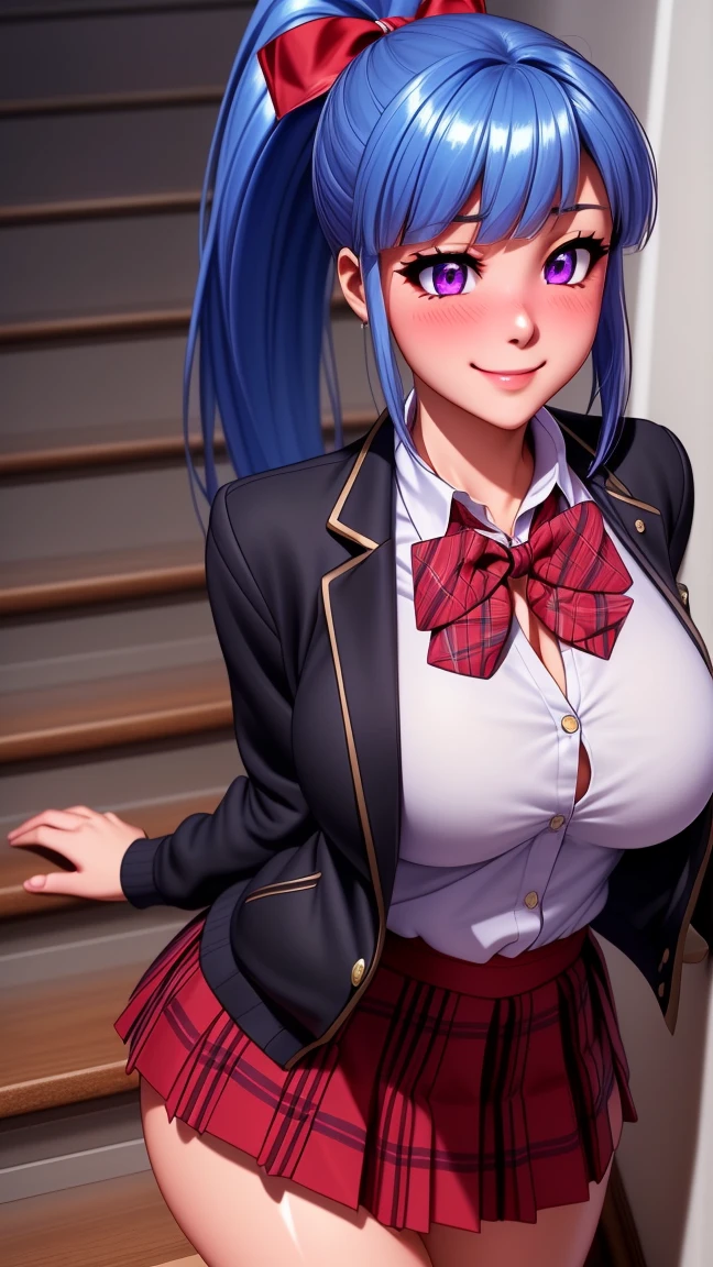 ((mesa, Best Quality, High resolution, NffSW, pixel perfect, 4k, NffSW, NffSW))), 1 girl in, single, Alone, beauty、full body seen、 ((Long shiny straight hair, hits, For the blue, with a ponytail and a red ribbon in her hair)), ((with purple eyes, Beautiful eyelashes, realistic eyes)), ((detailed face, blush:1.2)), ((Smooth texture:0.75, realistic texture:0.65, photorealistic:1.1, cg anime style)), big breasts, dynamic angle, perfect body, ((red bow tie, School uniform, black jacket, open jacket, brown cardigan, White shirt, black skirt, plaid skirts)), city staircase、Looking up from the bottom of the stairs.、Very embarrassing panic smile., turned around、bending forward、Touch the buttocks with both hands、round butt tits, perfect curves.