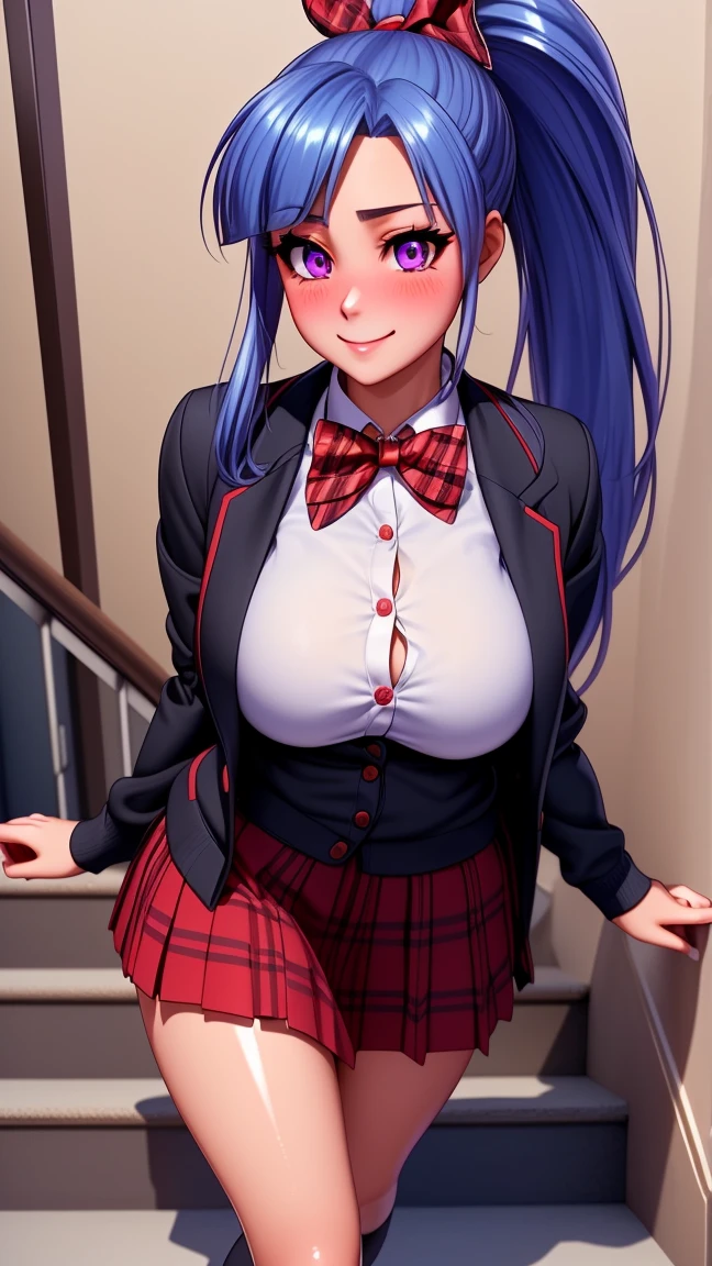 ((mesa, Best Quality, High resolution, NffSW, pixel perfect, 4k, NffSW, NffSW))), 1 girl in, single, Alone, beauty、full body seen、 ((Long shiny straight hair, hits, For the blue, with a ponytail and a red ribbon in her hair)), ((with purple eyes, Beautiful eyelashes, realistic eyes)), ((detailed face, blush:1.2)), ((Smooth texture:0.75, realistic texture:0.65, photorealistic:1.1, cg anime style)), big breasts, dynamic angle, perfect body, ((red bow tie, School uniform, black jacket, open jacket, brown cardigan, White shirt, black skirt, plaid skirts)), city staircase、Looking up from the bottom of the stairs.、Very embarrassing panic smile., turned around、bending forward、Touch the buttocks with both hands、round butt tits, perfect curves.