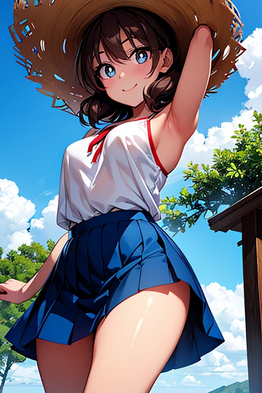 Megumi Amano、Shiny brown hair, short hair, Beautiful Blue Eyes、Small waist、Small breasts、Modest chest、smile、Sparkling eyes, (fine grain)、Very fine eye、Highly detailed face, Highly detailed eyes, Cowboy Shot、


 Summer Park、camisole、sexy、Cool mini skirt、Red straw hat、Laughter、Red cheeks、A shining, cute, beautiful face of an 18-year-old,Cute beauty、,White skin,Glowing Skin,Pale black eyes and bright, Dazzling and beautiful light、Stand as if dancing、Hair blowing in the wind