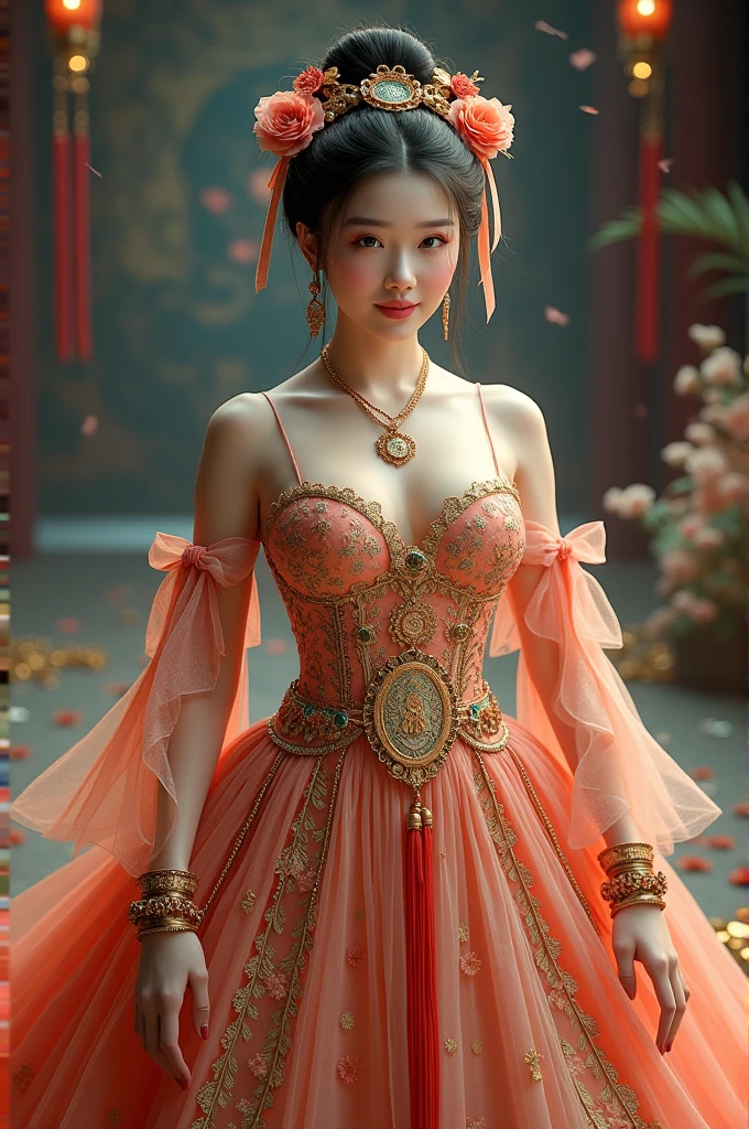 Cinderella with coins gold , gorgeous costumes embroidered with intricate embroidery, flowing tulle, transparent long colorful ribbons tied on the arms, inspired by Dunhuang Flying Apsaras murals, showing navel, bare shoulders, bare neck, hair in a high bun with flower hairpins, ribbons on arm rings, wreaths, bracelets, anklets, metal chain tassels on the waist, Mogao Grottoes art, ink painting, cgstation pop, in the night castle, ((fullbody)), ((super realistic))