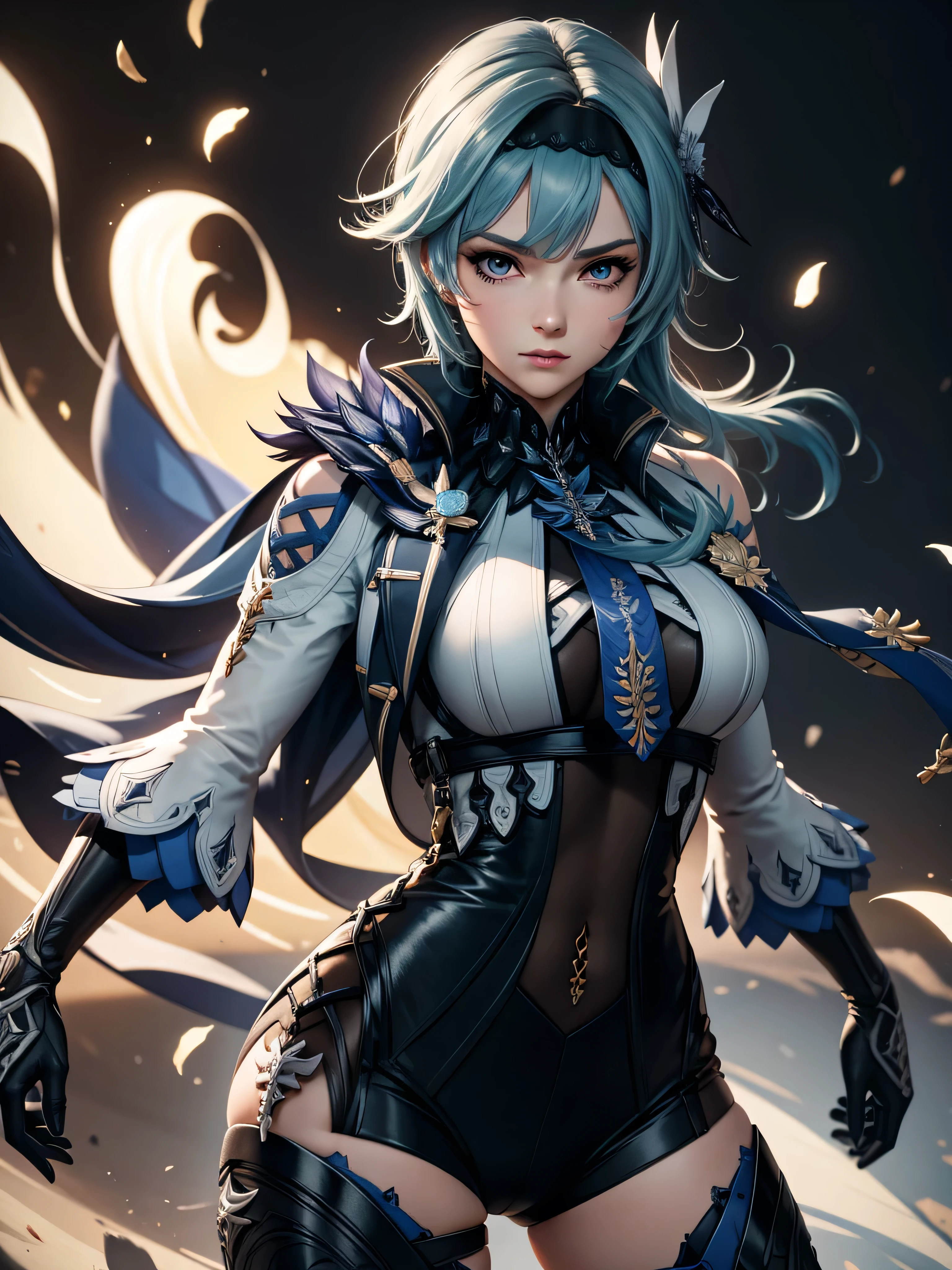 Illustration, UHD, retina, masterpiece, accurate, anatomically correct, super detail, high details, high quality, award winning, best quality, highres, good anatomy, 1080P, HD, 4K, 8k, 16k, 1girl, dynamic pose, androgynous, portrait, eula, genshin impact, looking at viewer, lighting, shading, rendering, big chest, detailed hair, detailed clothes, detailed eyes
