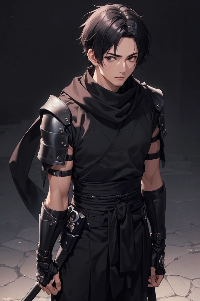 (((masterpiece; best quality: 1.2))), (finely detailed eyes: 1.3), ((1 young man)), ((solo)), (black eyes: 1.4), (body shape; lean, masculine: 1.3), (very short black hair: 1.3), (beautiful and clear background: 1.2), ((depth of field)), (equipment: black shinobi clothing + fully covered + black kimono + black pants + black scarf + black bracers + black fingerless gloves: 1.3), (anime illustration: 1.2), (background composition; old japanese mansion + night: 1.1), (extremely fine and handsome: 1.1), (shot composition; standing + centered on torso + close-up: 1.5), (facial expression; calm, stoic: 1.2)