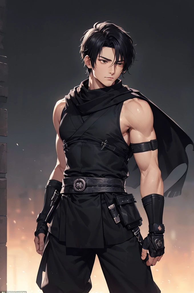(((masterpiece; best quality: 1.2))), (finely detailed eyes: 1.3), ((1 young man)), ((solo)), (black eyes: 1.4), (body shape; lean, masculine: 1.3), (very short black hair: 1.3), (beautiful and clear background: 1.2), ((depth of field)), (equipment: black shinobi clothing + fully covered + black kimono + black pants + black scarf + black bracers + black fingerless gloves: 1.3), (anime illustration: 1.2), (background composition; old japanese mansion + night: 1.1), (extremely fine and handsome: 1.1), (shot composition; standing + centered on torso + close-up: 1.5), (facial expression; calm, stoic: 1.2)