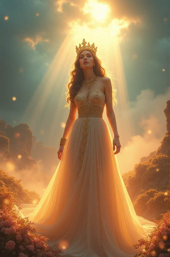 a radiant fantasy landscape, a girl in the center, beautiful detailed eyes, beautiful detailed lips, extremely detailed face, long eyelashes, ornate golden crown, intricate golden jewelry, flowing dress, ethereal glowing aura, sunbeams shining through clouds, vivid colors, dramatic lighting, dramatic cinematic composition, photorealistic, highly detailed, 8k, best quality, masterpiece