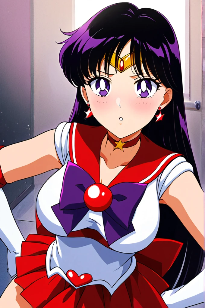 One Girl, Sailor Mars, bishoujo senshi sailor moon, Long eyelashes, Beautiful lip detail, Beautiful Face, Very detailed, masterpiece, 4K, anime, indoor, Magical Girl Fantasy, Full Body Shot, Long Hair, Black Hair, tiara, Earrings, Red choker, Red Sailor Collar, Purple bow tie, White shirt, - Elbow hand pockets, White gloves, G-cup breasts, blush, be scared, Surprise, View your viewers, (Wet), ((face focus)), Shot from above