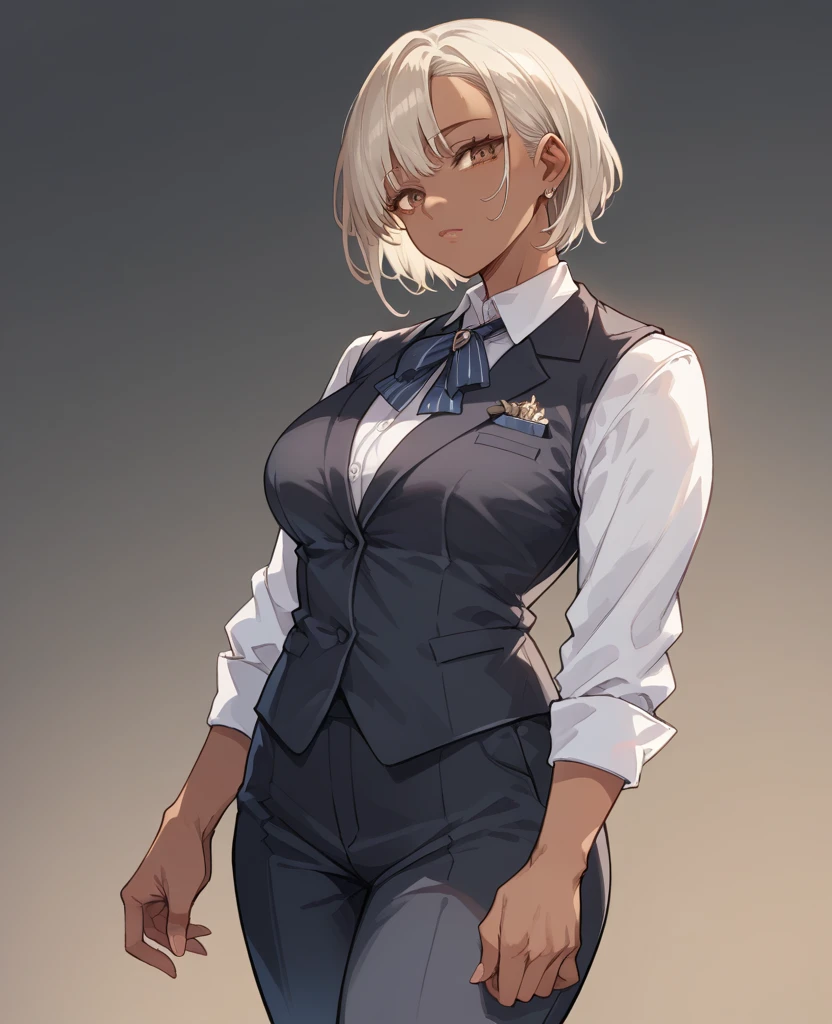 brown skin, long platinum blonde hair, hazel eyes, athletic body, tall female, bangs, black business suit, vest, mature female, dark skin