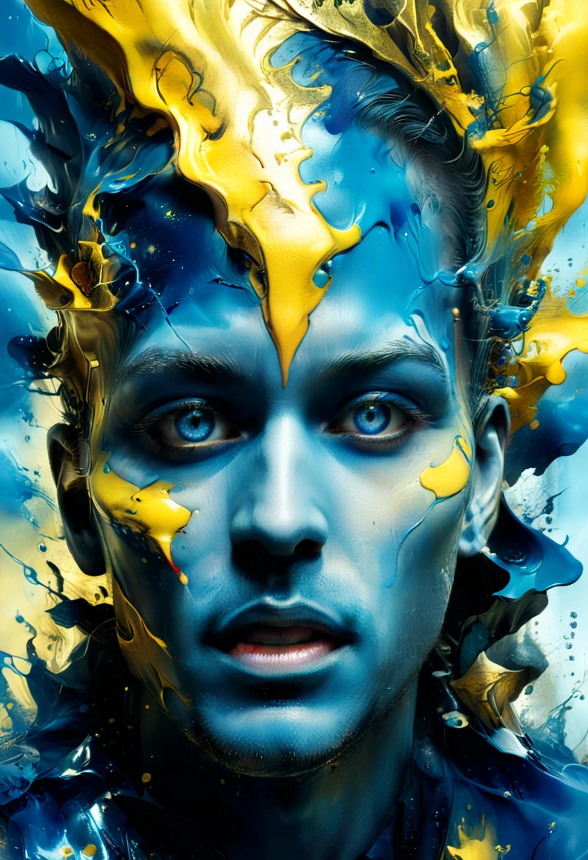 Face composing a crazy dream on wastelands beyond fantasy, exploiting a new world coming into his eyes, metallic golden yellow, horror movie scene, realms, dark blue and light yellow, blue and yellow, royal blue and golden yellow, 4D, 8K, photorealistic, dreamlike, fantastic creatures on big and complex composition storytelling, masterpiece, artwork by Hieronymous Bosch, artwork by Jeremy Mann, artwork by Beksinski, artwork by Bernie Wrightson, artwork by René Magrite, Surrealism, Impressionism