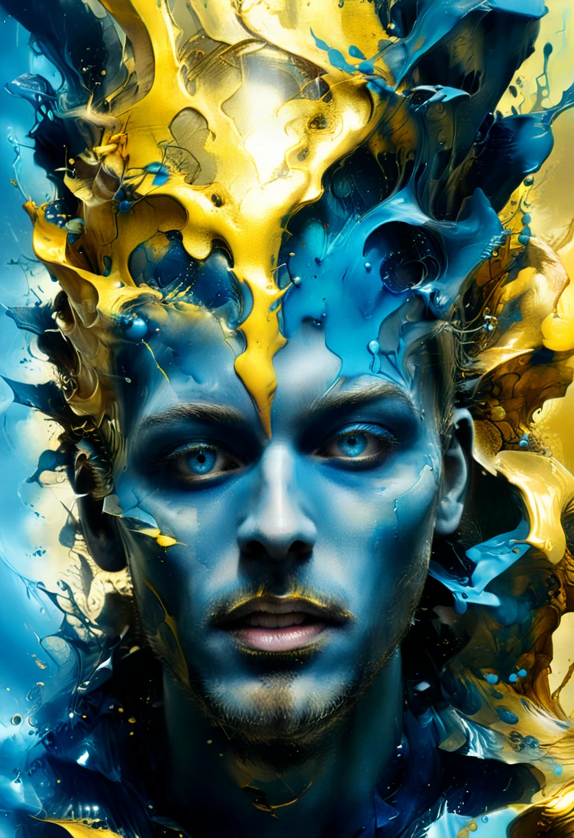 Face composing a crazy dream on wastelands beyond fantasy, exploiting a new world coming into his eyes, metallic golden yellow, horror movie scene, realms, dark blue and light yellow, blue and yellow, royal blue and golden yellow, 4D, 8K, photorealistic, dreamlike, fantastic creatures on big and complex composition storytelling, masterpiece, artwork by Hieronymous Bosch, artwork by Jeremy Mann, artwork by Beksinski, artwork by Bernie Wrightson, artwork by René Magrite, Surrealism, Impressionism