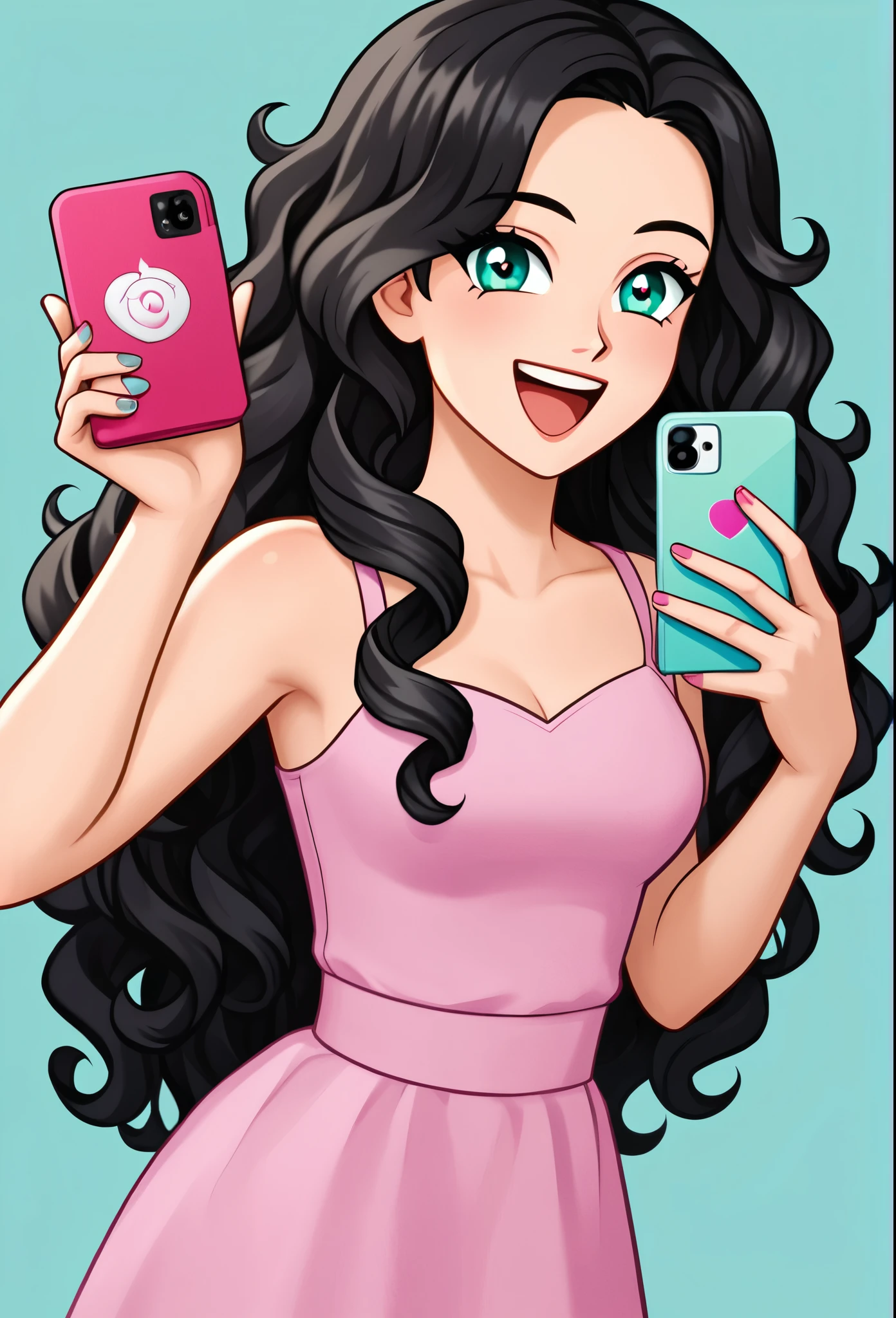1 , Caucasian skin, dark shaped eyes, pretty long hair, Bblack hair, curly hair, laughter, make-up, happy/glad, holding cell phone, high resolution, Masterpiece artwork, High details, high qualiy, ultra HD, pink and aqua background and similar colors
