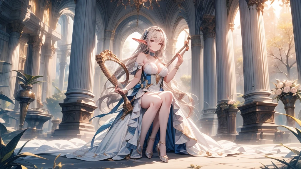 masterpiece, best quality, high quality, detailed, ultra detailed, hyper detailed, insanely detailed, exquisite, beautiful, FHD, Full-HD, 4K, 8K, 16K, highres, absurdres, forest, 1woman, Elf woman playing harp, meditating, intelligent, sitting, long hair, brown hair, silver hair, blue eyes, pale skin, fair skin, in the forest, with a tree, fantasy, beautiful, full body shot, lens flare, dust effect,an14