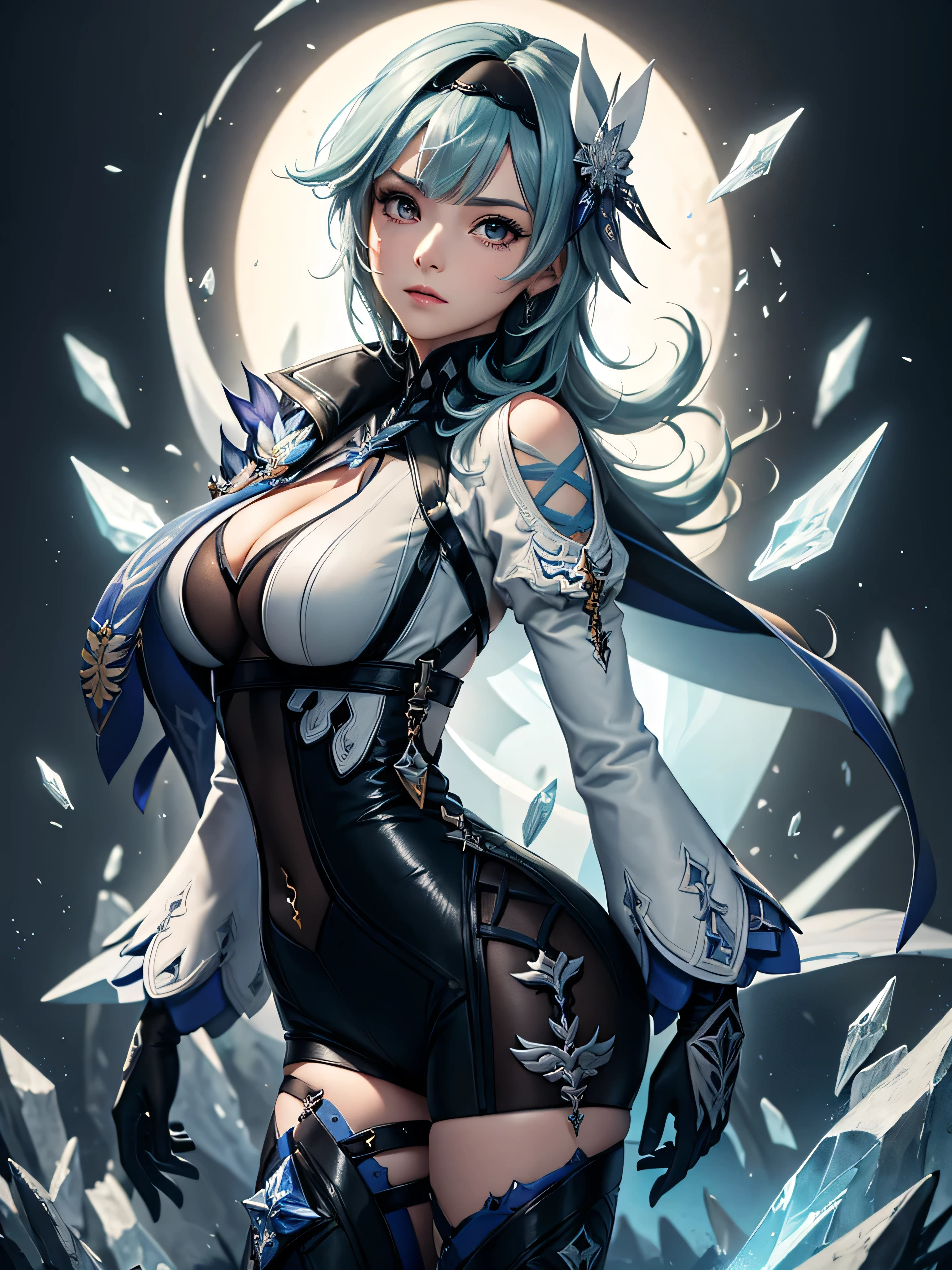 ((euladef)):1.5,((masterpiece,Highest quality,Highly detailed images,Beautiful images))1.4(Image of Eula leaning back with her arms raised、Huge crystal in the background、Overall dim lighting、Backlight、A fantastic atmosphere、Thick Fog、Dust flutters)1.3,(Close-up image of eula)1.1、(Her back is arched, Accentuate your .、Turn your body to the viewer):1.2（Beautiful cleavagng cleavage）
