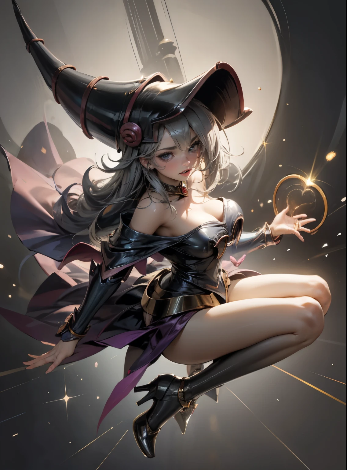 (masterpiece:1.2), (The best quality:1.2), perfect lighting, Dark Magician Girl casting a spell, in battle. floating in the air, visible medium tits, transparent neckline, blue robe, big hat, from above, Sparkles, Yugioh game, The magic of the heart. LIGHTS OF THE HEART, romantic heart. She wears heels. has heels. Wear heels