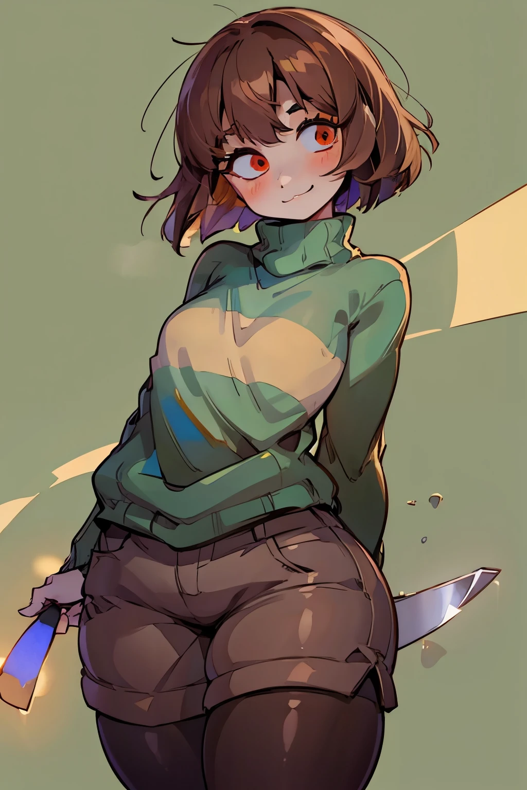 ((Best quality)), ((Masterpiece)), (Detailed), chara (/Undertale/), Brown hair, (brown shorts: 1.3), overall shorts, Bob cut, (big eyes: 1.3), (round eyes: 1.3), :), wide smile, closed mouth, Short hair, white thigh highs, (Green sweater: 1.3), Red eyes, (1girl: 1.3), (Solo: 1.3), Green striped sweater, thick thighs, facing camera, surprised, wide-eyed, arms outstretched, 