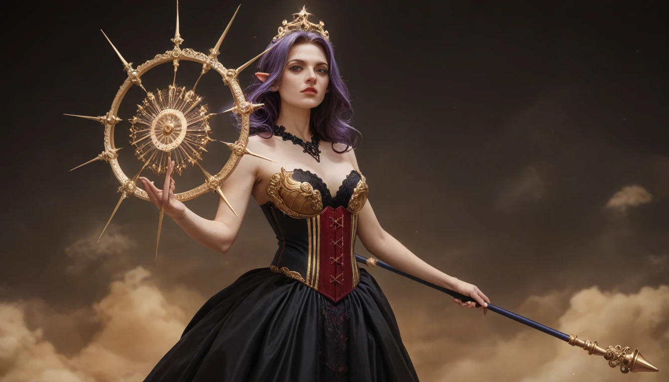 A stunningly beautiful woman with long, flowing purple hair stands in an opulent, golden hall. She wears a luxurious black corset with intricate lace details and gold accents. Her outfit is elegant and revealing, with a fan adorned with golden decorations in her hand. She exudes an air of regality and confidence, complemented by her ornate golden crown.
A fierce and beautiful elven warrior stands confidently in a grand hall. She has long, wavy brown hair and pointed ears, highlighting her elven heritage. Her attire is a striking combination of a red corset with black lace details and golden armor pieces. She holds a staff with a glowing golden tip, emphasizing her strength and authority. The background is dimly lit, adding to the dramatic and regal atmosphere.
