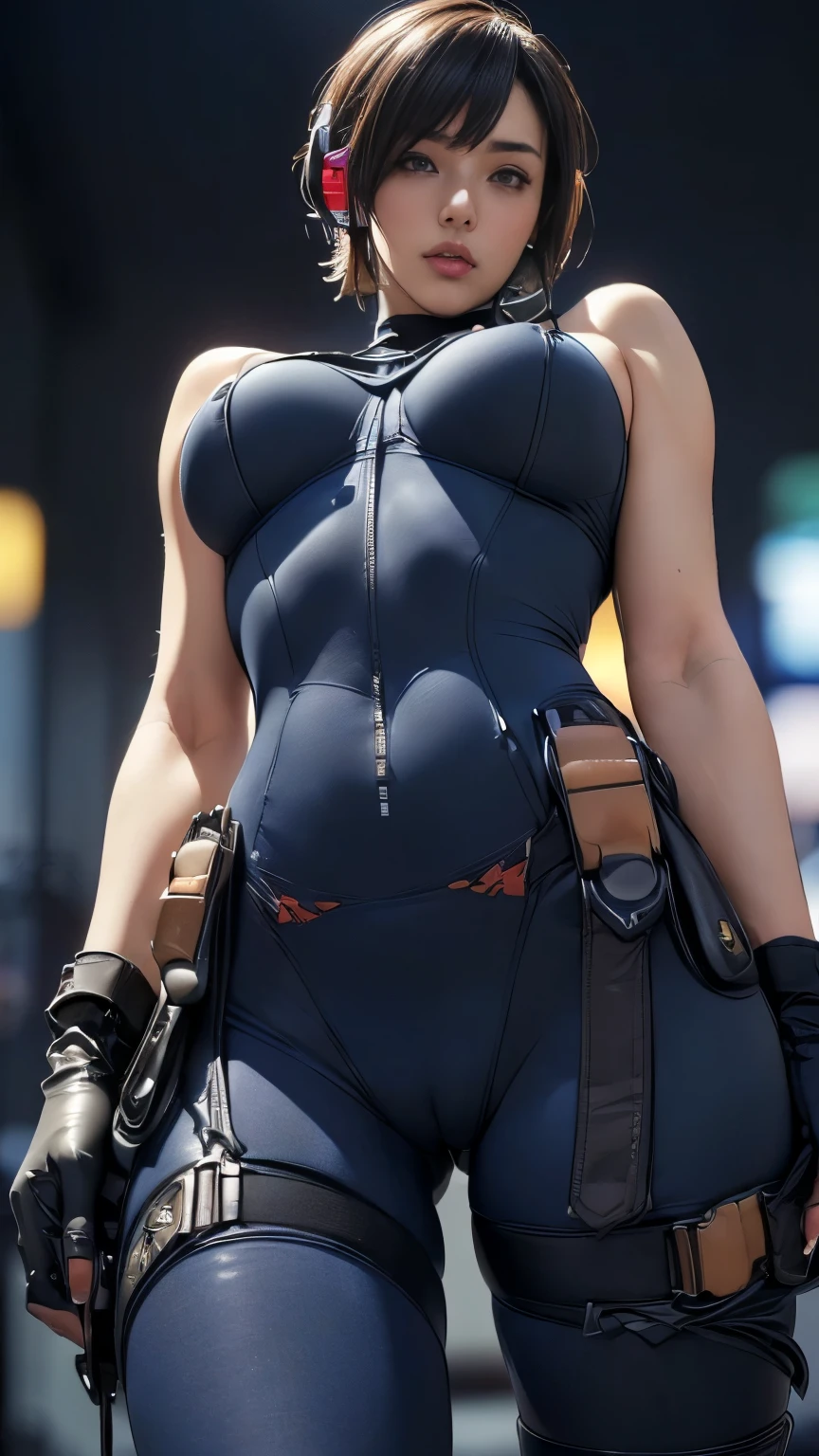 (A woman),(((A female member of the Future Force rides a motorcycle))),((Navy Tactical high leg bodysuit:1.5)),((earphone:1.5)),((Tactical Holster:1.5)),(Gloves:1.5),(Serious:1.5),(Super short hair:1.5),(bionde:1.5),(beautiful eyes:1.3),(Very detailedな顔:1.5),((Very detailed drawing of a female hand:1.5)),((muscular:1.5)),(Sexy appearance:1.5),((Thick thighs:1.5)),(Beautiful Body:1.5),((Very sensual:1.5)),(Background is hanger:1.5),(Cyberpunk atmosphere:1.5),(((Blurred background:1.5))),(Written border depth:1.5),rest(((masterpiece:1.5),(best quality:1.5),(Very detailed:1.5),(high resolution:1.5),(Practical:1.5),(Practical:1.5),(Delicate depiction),(carefully drawn))),8k,wallpaper, (((cameltoe:1.3))),from below:1.1