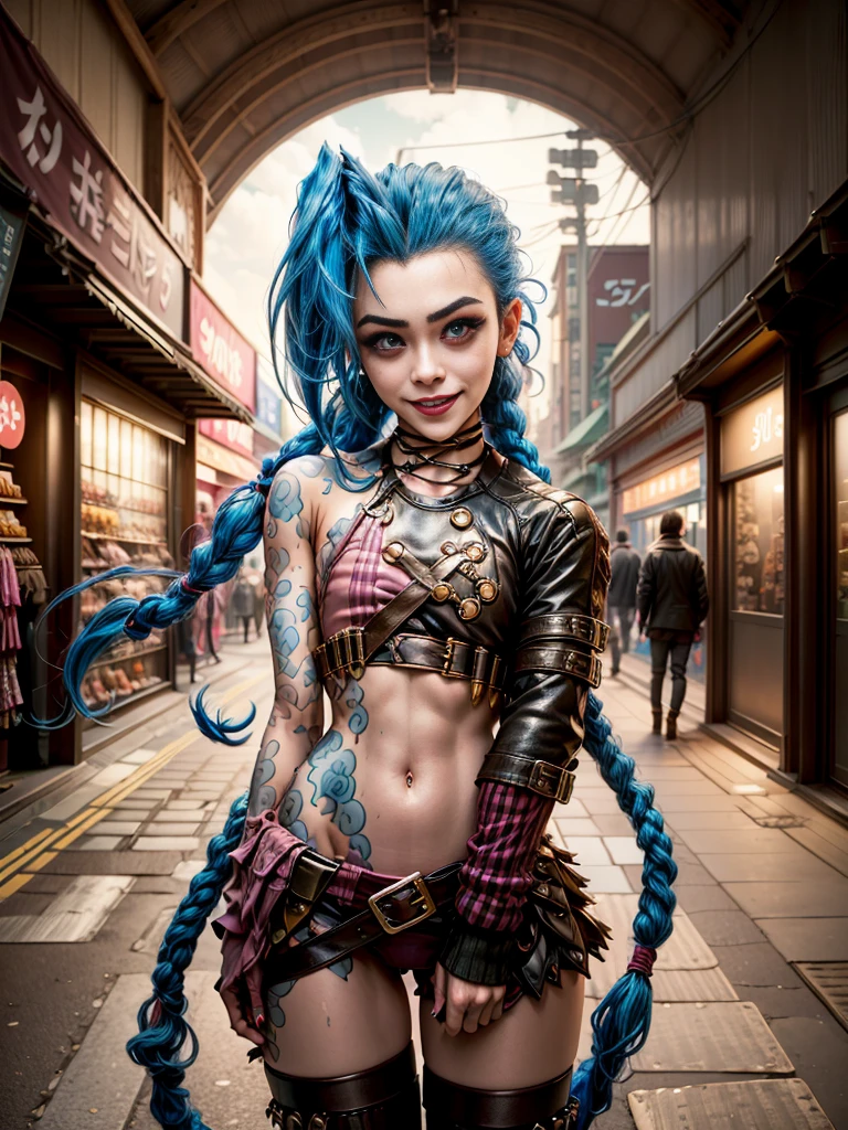 ((Jinx wears a Harajuku Tech costume), Cowboy-shot, wind, tousled head, (Aesthetics and atmosphere:1.2), springerstiefel, smiling, Laugh, hole body