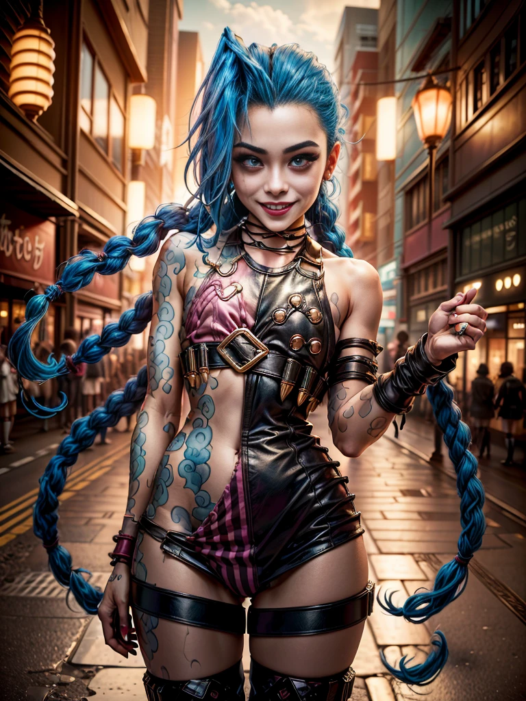 ((Jinx wears a Harajuku Tech costume), Cowboy-shot, wind, tousled head, (Aesthetics and atmosphere:1.2), springerstiefel, smiling, Laugh, hole body