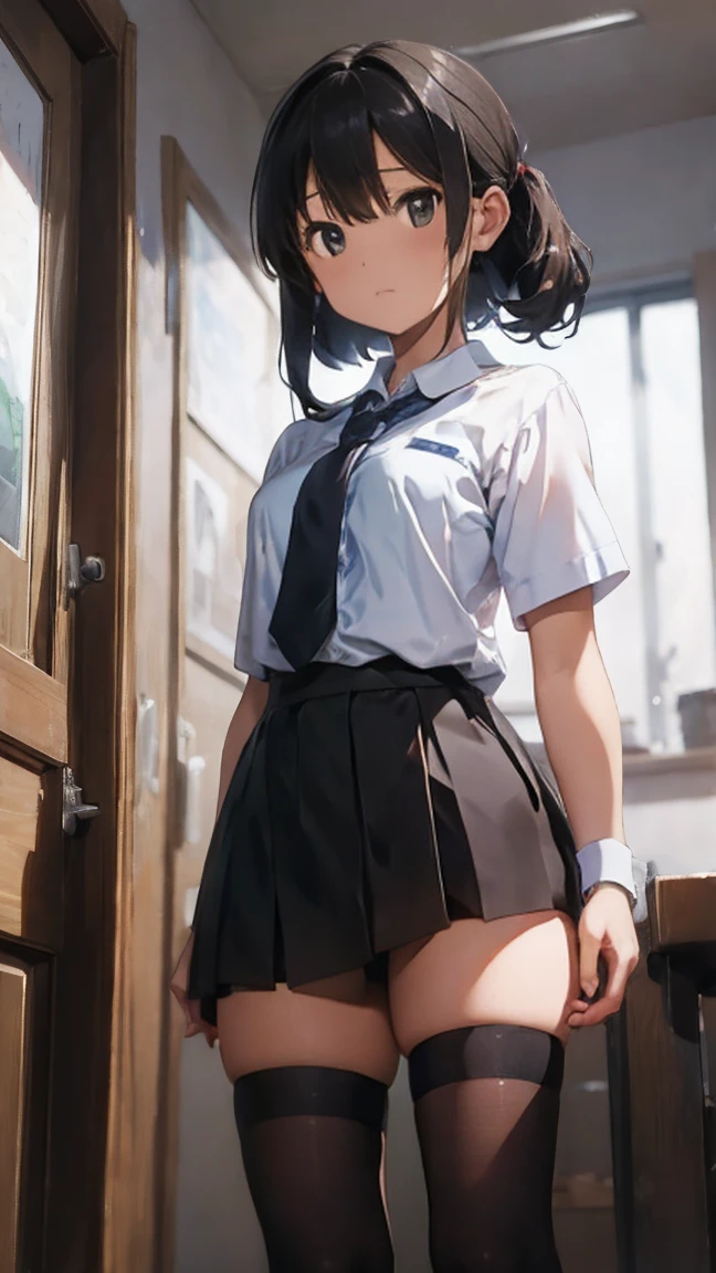 masterpiece, One Girl, alone, High school girl in black knee socks, school uniform, Very delicate eyes, neat face, cute, 8k