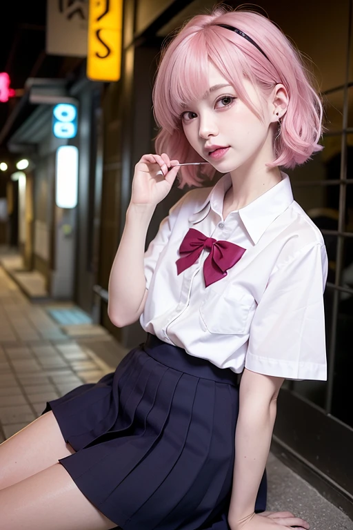 (32K, RAW photo, best quality, mastery:1.3),(realistic,photo-realistic:1.37),(night),(looking viewer:1.331),(pink silver hair),posing,Tokyo street,nightcityscape,Cyberpunk City ,softlighting,1girl,Extremely beautiful face,Bust,put down hands,smiled,Alvine,(Short-sleeved JK_shirt),JK_style,(Navy JK_skirt),(Bow JK_tie),mix4,Messy Hair,Light makeup,Prostitute,A young, slim, beautiful girl,Beautiful nipples,Flat Chest,Tiny bust,Beautiful girl with slender body,Small waist,Prostitute,街のProstitute,Small Ass,Thin legs,