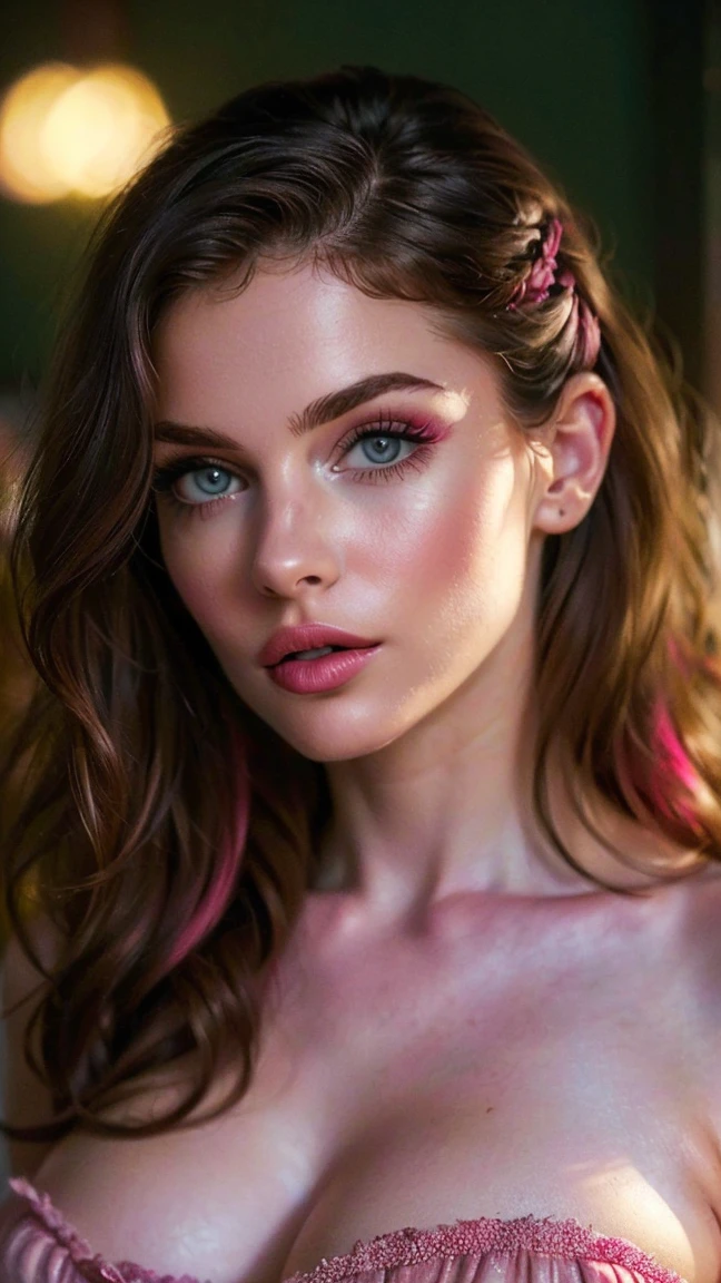 (((ultra realistic))) Photo, masterpiece, top quality, (Pale skin), (Ultra detailed face and eyes.:1.3), 1 girl, adult, top-less, ((eye makeup, pink mascara)), ((detailed FAKE lips)), ((rosa wavy hair)), ((stylish hairstyle)) , (natural breasts), (Thin waist). ((Posing, hands on chest)), Photoshoot, (Suave) Turning on, (The game of lights and shadows), depth of field, bokeh, (Special attention to leather details.: 1.2), detailed leather texture, skin pores. (Erotic frame atmosphere.. Color range: violet, rosa, Tons), DR, ((film grain)), ((good heavens)), (Glare), ((portrait from the waist up)) , ultra detialed,