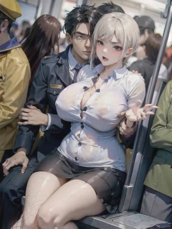 ((Highest quality)), ((masterpiece)), (detailed), One Girl,(Knee-length),Cosplay,Big Breasts,Underbust,Fishnet tights,Police Officer,(Tight mini skirt),Dress shirt,(Open the buttons on your shirt),22-year-old woman,(Naughty look),((Excited expression)),Browsing Caution,nswf Japanese,(attractive appearance),atmosphere,rotor,blush,(A girl gets close to a man on a train),(Seduce a man),(Grabbing the breasts from behind),night,dark