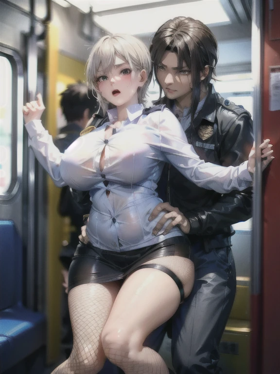 ((Highest quality)), ((masterpiece)), (detailed), One Girl,(Knee-length),Cosplay,Big Breasts,Underbust,Fishnet tights,Police Officer,(Tight mini skirt),Dress shirt,(Open the buttons on your shirt),22-year-old woman,(Naughty look),((Excited expression)),Browsing Caution,nswf Japanese,(attractive appearance),atmosphere,rotor,blush,(A girl gets close to a man on a train),(Seduce a man),(Grabbing the breasts from behind),night,dark