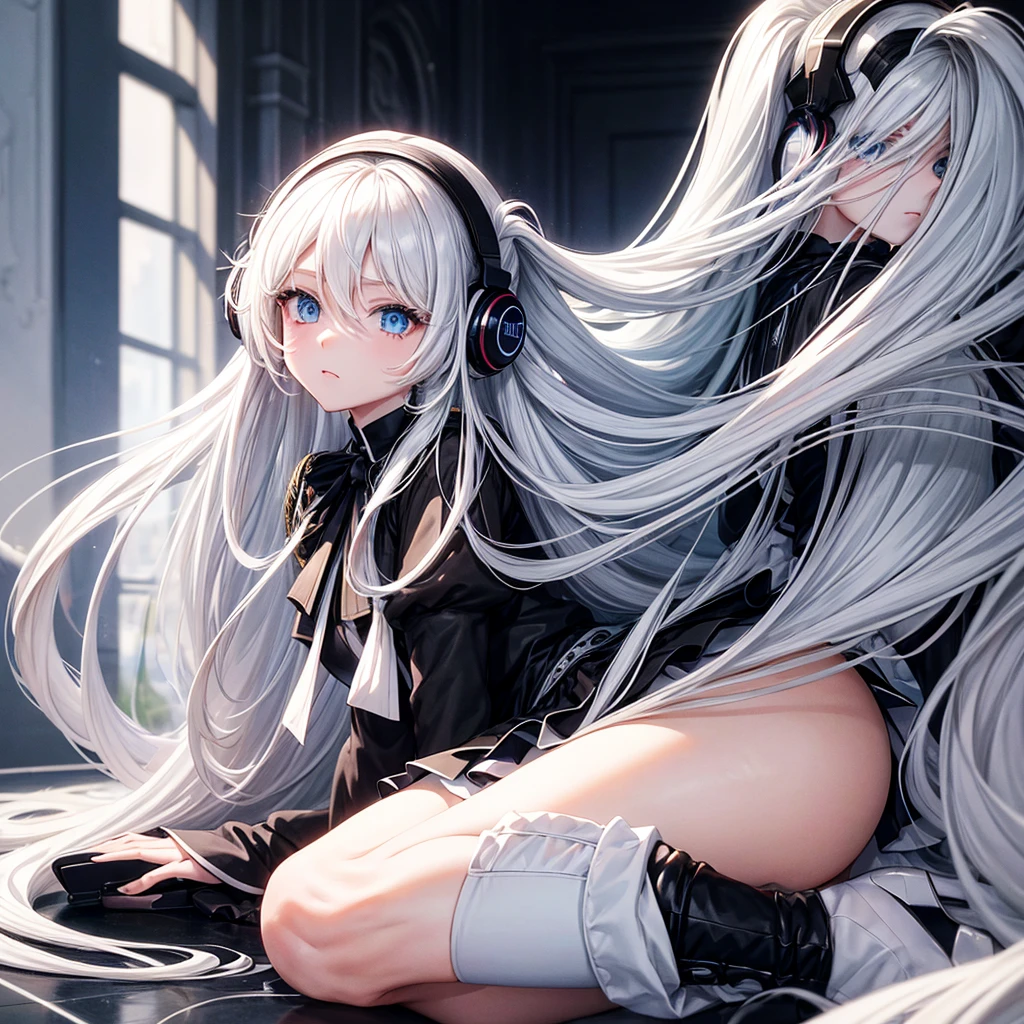 Long white hair with black highlights., with headphones on the neck, blue eyes, with a black bust and a little long, with a short black skirt, long white stockings, white boots with black soles. in a class room, anime version