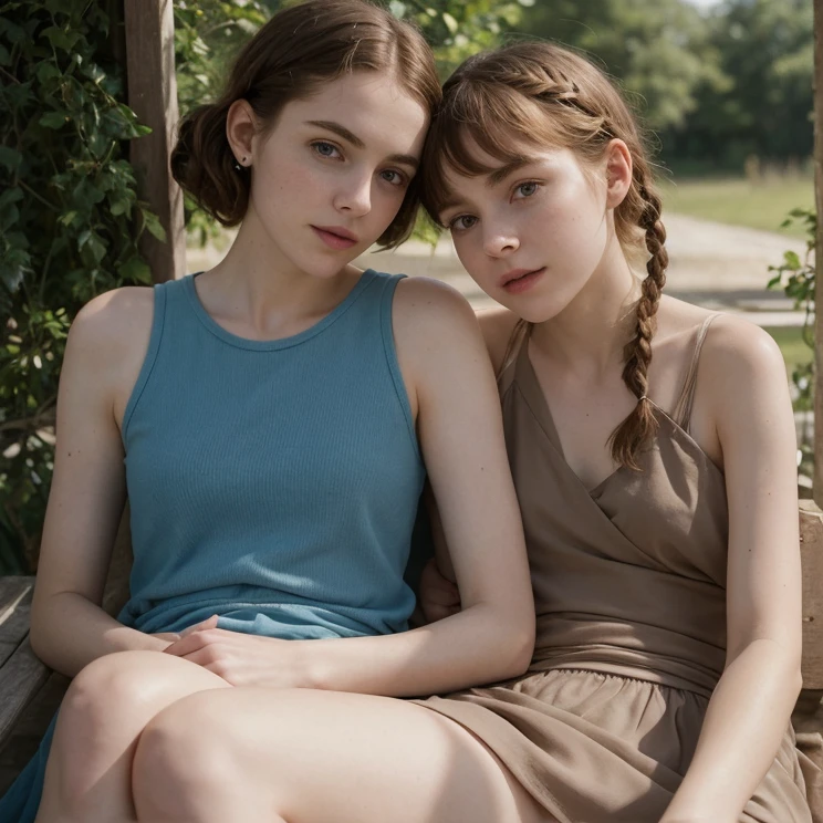 Sophia Lillis,, Soft belly, elegant, Open your mouth, Beautiful thighs, Long braids,whole body 、Outdoor、holiday、Blue sky、Relaxed atmosphere、mysterious、Old Polaroid Film、Bright light、Professional photos、private、Intimate atmosphere、Two people in love、A rich variety of colors、Color、