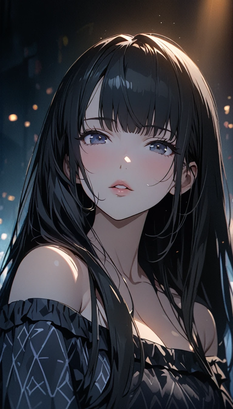 ((highest quality)), ((masterpiece)), (detailed), Ultra HD、8k, (Cinema lighting)、(Anime illustration)、Face up、Perfect Face、detailedな顔、detailedな目、(Long Hair、Black Hair、Bangs、straight)、detailedな髪、Cute Girls、(Off-the-shoulder shirt、Gorgeous pattern)、Seductive lips、Cleavage、Fine skin、night、