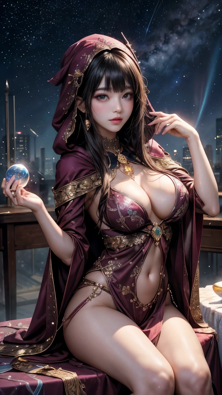 (highest qualityのディテール)、Realistic、8K Ultra HD、High resolution、(One Girl:1.2),(Fatal Beauty,Attractive beauty) ,(A supple and powerful physique),(Sensual charm),(mysteriousな魅力:1.1),(Captivating silhouette),The Super detailed、High quality textures、複雑なdetailed、detailed、Very detailed CG、High quality shadows、detailed Beautiful and delicate face、detailed Beautiful and delicate eyes、Written boundary depth、Ray Tracing、20th Generation、Cute K-Pop Girls、(The Face of Ulzan in Korea)、Thin face、(Urzan-6500-v1.1:0.6)、PurerosFace_v1、Glowing Eyes、Perfect body、 Viewer Display、(highest qualityのディテール:1.2)、Close-up of a woman, realistic girl rendering, 8k artistic german bokeh, Enchanting girl, Real Girls, Gurwitz, Gurwitz-style artwork, Girl Roleplay, Realistic 3D style, cgstation Popular Topics,, 8K Portrait Rendering,(truth,truth:1.4),(Sparkling eyes girl:1.2)、cheek、Glossy Lips、Big Breasts、Best image quality, highest quality, Realistic, Super detailed, Realistic, 4K 8K Ultra HD Full Color RAW Photos, Fujifilm(Medium format), Hasselblad, Carl Zeiss, Incredible dynamic range photography(utility_art:Smooth-768:1.1),High resolution, High pixel count, Clear detailed, Clear images, Natural color reproduction, Noise Reduction, High fidelity, quality, Software Improvements, Upscaling, Optimized Algorithms, Professional-level retouching, Browsing Caution、(((Too much exposed skin)))、(((Big Breasts)))、fortune teller、astrologer、(((A magnificent starry sky in the background)))、(((It has a hood、A burgundy robe intricately decorated with beautiful details)))、((Horoscope))、(((fortune teller)))、Long black hair、((Blunt bangs))、Cowboy Shot、(((Please hold your hand over the crystal ball on the table.....)))、Fancy Necklace、Lace gloves、Bright Blue Eyes, Surrounded by swirling pink smoke, saturated color、Dark colors、Psychedelic Images、lsd、Mandala、fractal、mysterious、detailed、Psychedelic painting of a woman with large breasts, サイケデリックなgoddess, DMT Art, DMTgoddess, Visionary artistic style, Psychedelic Art style, 3d, goddess, Portraiture, Psychedelic Art nouveau, Psychic Trance Artwork, Psychedelic Digital Art, Digital Visionary Art, Psychedelic Art, Psychedelic Surreal Art, Psychedelic Artwork, 非常にdetailedなテクニカラー, 超detailedなファンタジーアート、(nightmare:1.6),