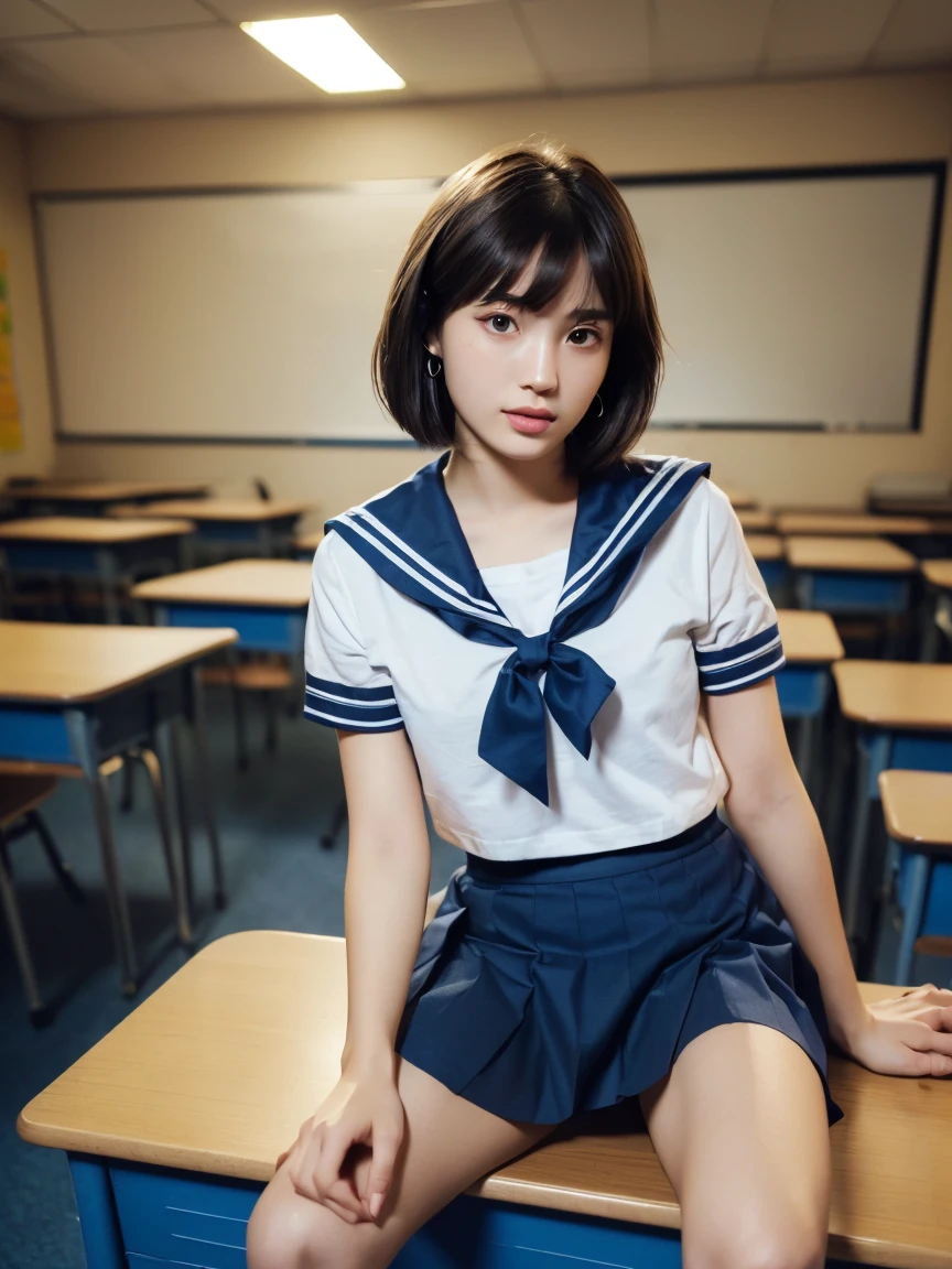 (super high quality:1.2),(masterpiece:1.2), Very detailed, (Ultra-high resolution:1.2), (Realistic, photo Realistic:1.6), High-resolution RAW color photos, Professional photos, Dramatic lighting, Sensual movie scene、Sharp focus:1.2, (Very detailed顔と肌の質感, Very beautiful eyes, Glossのある肌, Glowing Skin, Glowing Skin, Shining Face, Gloss, Oily skin, greasy face, Oily skin, greasy face, 強いGloss), Perfect Anatomy, Very detailed背景,,(School classroom),((25-year-old woman, Japanese women),(lean slender body、Slender legs), (Short Bob Hair, Straight hair, bangs, Brown Hair), (Flat Chest:1.6),(Glowing Skin,White skin), ((((Short Sleeve White Sailor School Uni形状、Navy blue pleated skirt:1.5),)))、Earrings,(((Sit at a desk)))