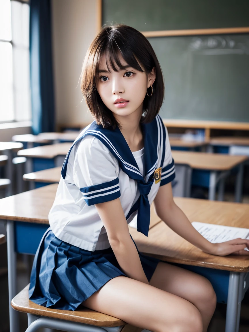 (super high quality:1.2),(masterpiece:1.2), Very detailed, (Ultra-high resolution:1.2), (Realistic, photo Realistic:1.6), High-resolution RAW color photos, Professional photos, Dramatic lighting, Sensual movie scene、Sharp focus:1.2, (Very detailed顔と肌の質感, Very beautiful eyes, Glossのある肌, Glowing Skin, Glowing Skin, Shining Face, Gloss, Oily skin, greasy face, Oily skin, greasy face, 強いGloss), Perfect Anatomy, Very detailed背景,,(School classroom),((25-year-old woman, Japanese women),(lean slender body、Slender legs), (Short Bob Hair, Straight hair, bangs, Brown Hair), (Flat Chest:1.6),(Glowing Skin,White skin), ((((Short Sleeve White Sailor School Uni形状、Navy blue pleated skirt：1.5),)))、Earrings,(((Sit at a desk)))