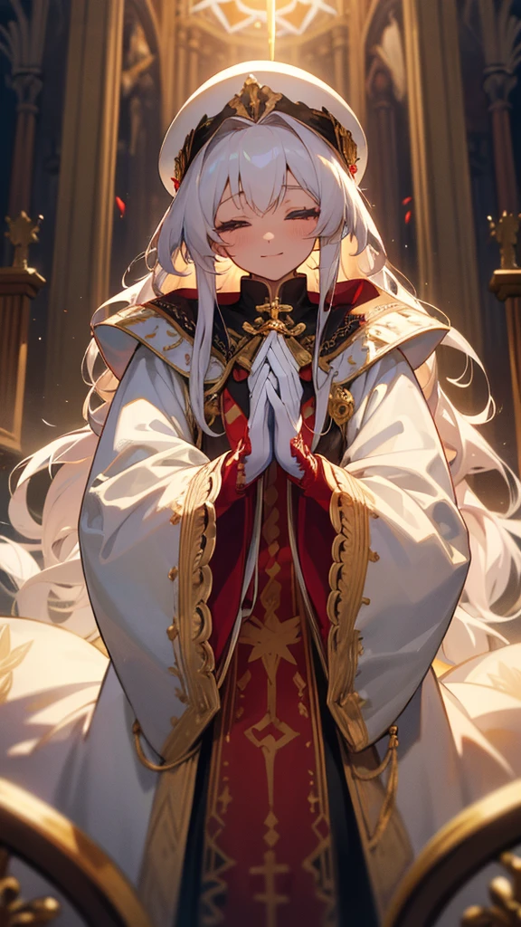 in front of the altar of a majestic church, casting judgement with magic, her voice echoing beautifully. Magic gathers around her, enveloping her in a holy aura as she chants, girl with long white hair, Classic White ballgown、long red embroidered gloves, pope's clothing and hat, long hair, ceremonial robes, mass vestments, enormous puffy sleeves, long cuffs with many buttons, golden embroidery, cross details, Long Train, lots of frills and lace, red capes, gently reaches out to you, gentle smile