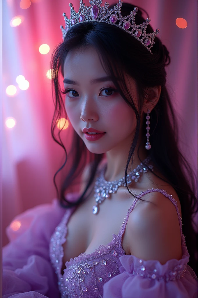 ((Highest quality、Masterpiece、8k、Best image quality、Extremely intricate and detailed))、(The most gorgeous and high-end Japanese prostitute princess:1.1)、(The most gorgeous Japanese prostitutes in their finest outfits:1.1)、(Intricate, intricate and luxurious costumes:1.1)、(High-end sleeves made of shimmering translucent lace:1.1)、Princess Tiara、Princess Necklace、(An unimaginably luxurious goddess&#39; room:1.1)、(Sparkly purple and pink princess room:1.1)、The most luxurious purple and pink room、Purple and pink gemstones、A glittering room decorated with many jewels、Night room、Very intricate decoration、A very transparent goddess&#39; room、Perfect Makeup、Long eyelashes、lipstick、Pink Eyeshadow、Perfect Anatomy、Ultra-high definition glossy skin、Ultra-high definition glossy lips、Ultra HD Hair、Ultra high definition beauty face、Ultra-high definition sparkling eyes、Long Hair、(A beautiful, captivating smile staring at me:1.1)、(The most romantic and moody:1.1)、(Tyndall effect:1.1)、(The most moody and lewd lighting:1.1)