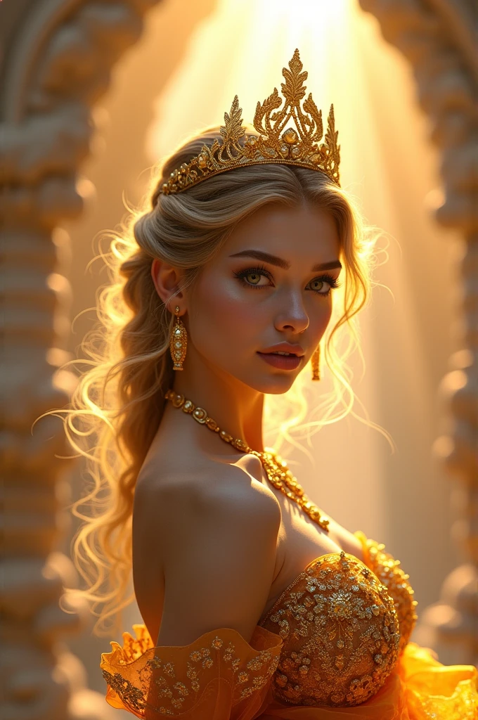a radiant fantasy landscape, a girl in the center, beautiful detailed eyes, beautiful detailed lips, extremely detailed face, long eyelashes, ornate golden crown, intricate golden jewelry, flowing dress, ethereal glowing aura, sunbeams shining through clouds, vivid colors, dramatic lighting, dramatic cinematic composition, photorealistic, highly detailed, 8k, best quality, masterpiece