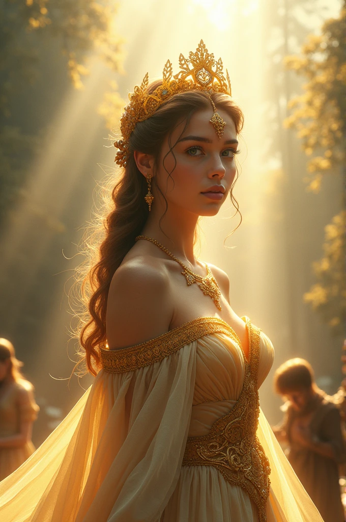 a radiant fantasy landscape, a girl in the center, beautiful detailed eyes, beautiful detailed lips, extremely detailed face, long eyelashes, ornate golden crown, intricate golden jewelry, flowing dress, ethereal glowing aura, sunbeams shining through clouds, vivid colors, dramatic lighting, dramatic cinematic composition, photorealistic, highly detailed, 8k, best quality, masterpiece