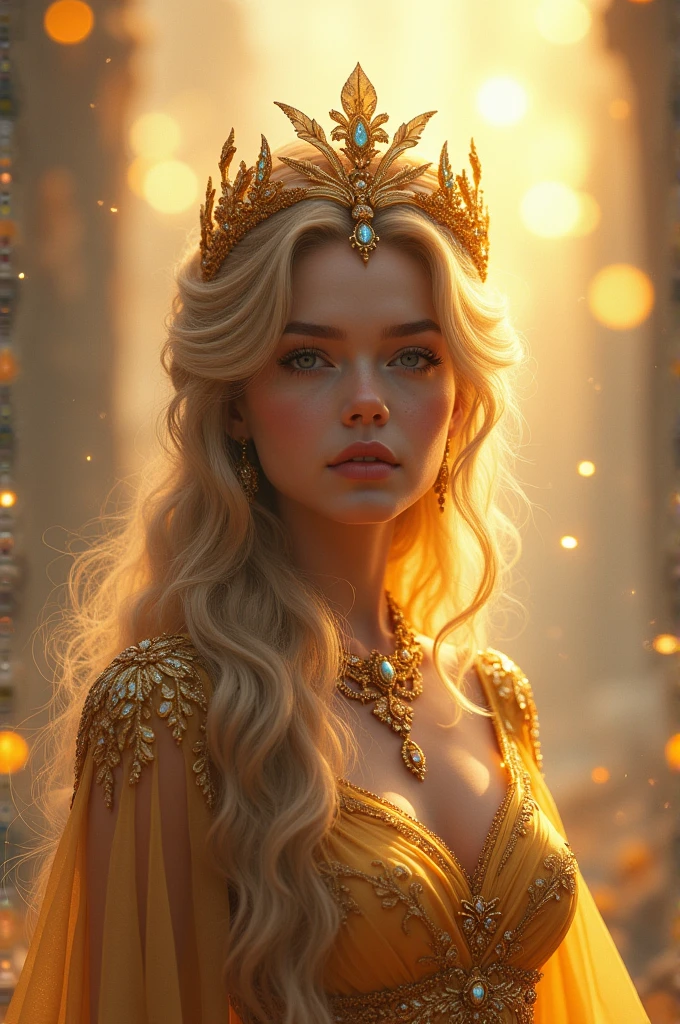 a radiant fantasy landscape, a girl in the center, beautiful detailed eyes, beautiful detailed lips, extremely detailed face, long eyelashes, ornate golden crown, intricate golden jewelry, flowing dress, ethereal glowing aura, sunbeams shining through clouds, vivid colors, dramatic lighting, dramatic cinematic composition, photorealistic, highly detailed, 8k, best quality, masterpiece