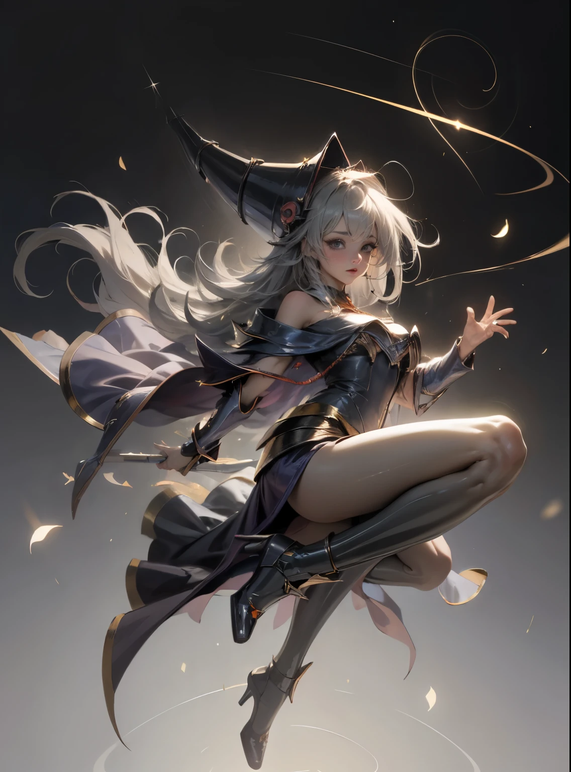 (masterpiece:1.2), (The best quality:1.2), perfect lighting, Dark Magician Girl casting a spell, in battle. floating in the air, visible medium tits, transparent neckline, blue robe, big hat, from above, Sparkles, Yugioh game, The magic of the heart. LIGHTS OF THE HEART, romantic heart. She wears heels. has heels. Wear heels