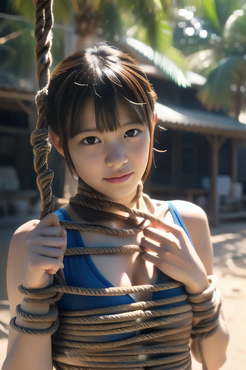 Highest quality、Complete limbs、Full Finger、Slender beauty、Straight Hair、Twin tails、Knee-length、Blue school swimsuit、A faint smile、 outside, (Skin Dentition:1.2), Lori's face and big , shibari, rope , cowboy shot