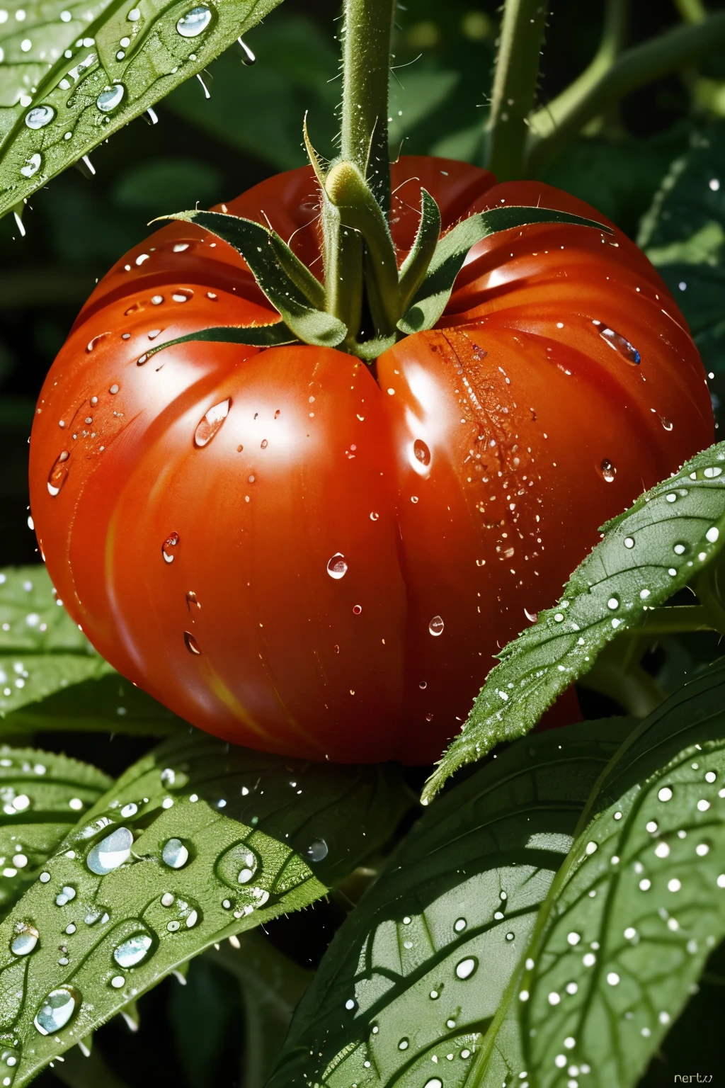 **An exquisite HDR photograph that captures the mesmerizing beauty of a red tomato glistening with morning dew. The tomato, intricately detailed with rich colors, is nestled among wet, textured leaves. The high dynamic range technique accentuates the water droplets and uneven surfaces of the surrounding tomato plants, creating a striking visual contrast. The overall atmosphere of the image is serene and tranquil, evoking a sense of wonder at nature's delicate art.**
