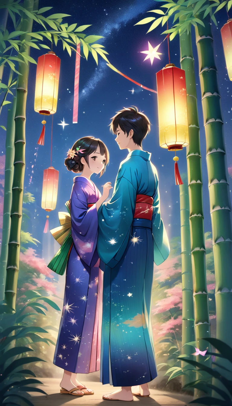 High resolution、high quality、high resolution、colorful、A dreamlike and beautiful illustration of Tanabata、animation、Tanabata Festival、stall、Lots of Tanabata decorations、Tanabata paper strips、Bamboo Leaves、Bamboo decorated with Tanabata ornaments、milky way、star、Beautiful Nature、Young couple wearing yukata、Rear View、Hand in hand、They seem to be good friends、Putting on your shoes、modern style、