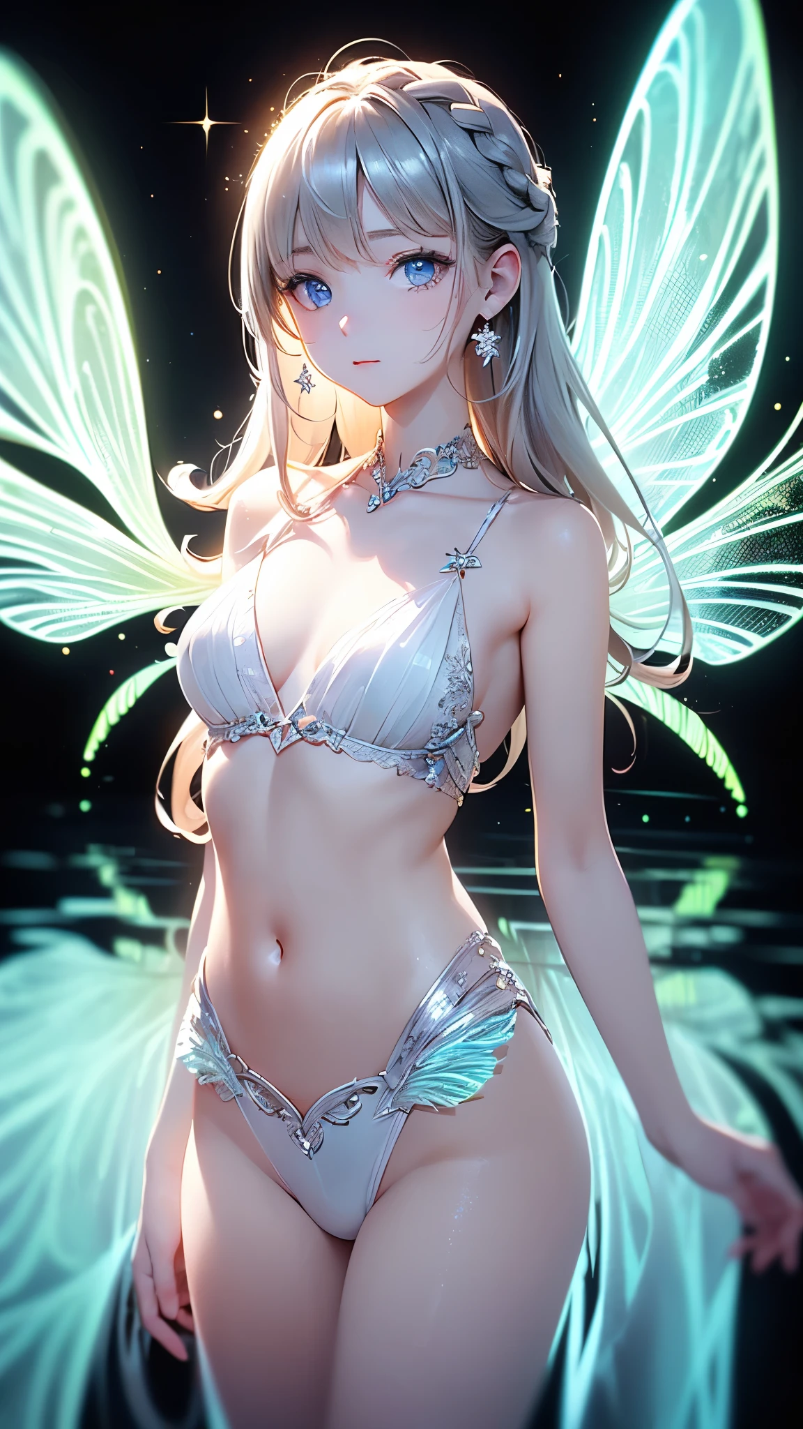 (masterpiece:1.5), (ultra quality), 8K, high resolution, ((super fine illustration), (depth of field),
perfect anatomy,
((1girl)), solo, (delicate beauty girl), (ars_old l),
(silver hair), (extreme long hair), (bangs), (french braid), (floating hair:1.2),
(fine detailed eyes), (blue eyes),
(beautiful face), small bast, (slender),
(from diagonal side), (cowboy shot), (looking ahead),
collarbone, creavege, navel,
(greek mythology costume), (white clothes), (sheer_fashion), (fluorescent wing:1.5), (three_pare wings:1.5),
light smile, spread arms, jewelry, earrings,
(best shadow:1.2), (soft shadow:1.3), (beautiful shadow:1.3), (Prismatic light:1.4), (sparkling light), (beautiful light:1.2), (fantastical light:1.2),
(beautiful reflection:1.3), (prismatic reflection:1.4), (soft reflection:1.3), (natural reflection:1.4),
(sense of depth:1.2),